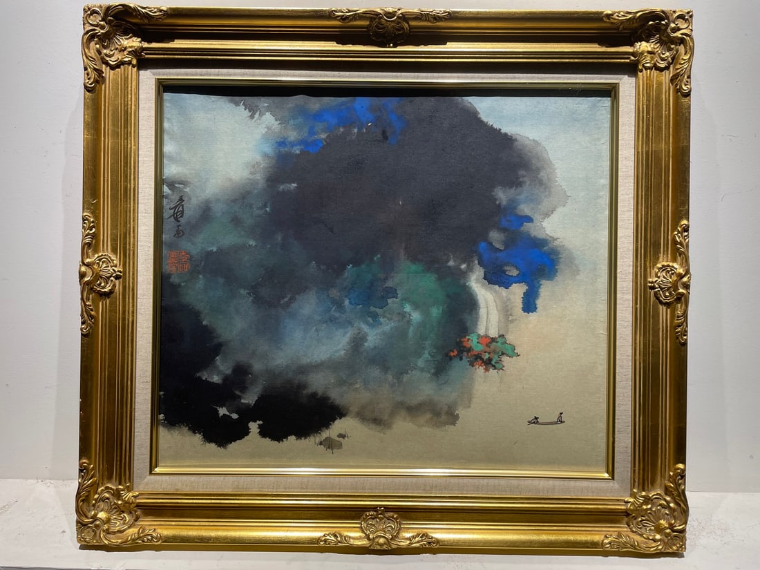 Chinese Drawing Colored Landscape Painting Wood Frame,Zhang Daqian Mark: Chinese Drawing Colored Landscape Painting Wood Frame,Zhang Daqian Mark (68 x 60cm)