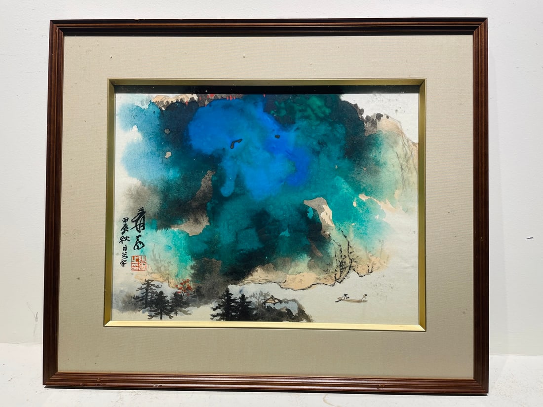 Chinese Drawing Colored Landscape Painting Wood Frame,Zhang Daqian Mark: Chinese Drawing Colored Landscape Painting Wood Frame,Zhang Daqian Mark (56 x 48cm)
