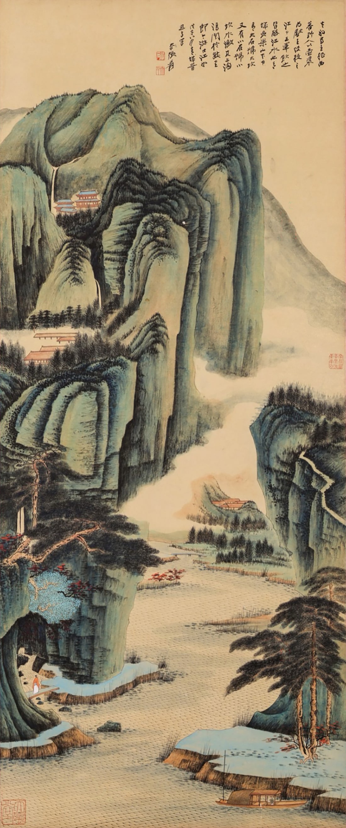 Zhang Daqian mark. Chinese Listen To The Sound of Water painting. Ink and Color on Paper. Hanging (1 of 8)