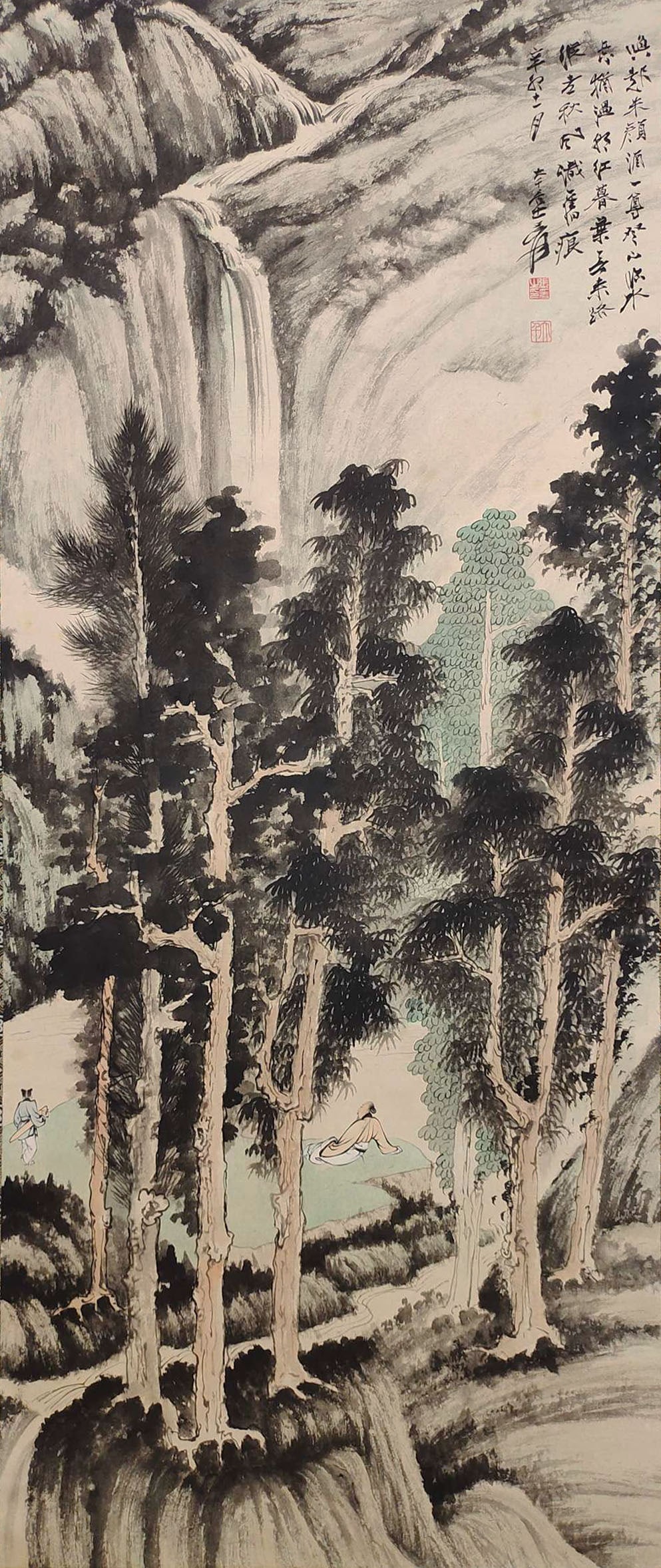 Zhang Daqian mark. Chinese Scholar and Landscape painting. Ink and Color on Paper. Hanging Scroll.: Zhang Daqian mark. Chinese Scholar and Landscape painting. Ink and Color on Paper. Hanging Scroll. (118 x 50cm)