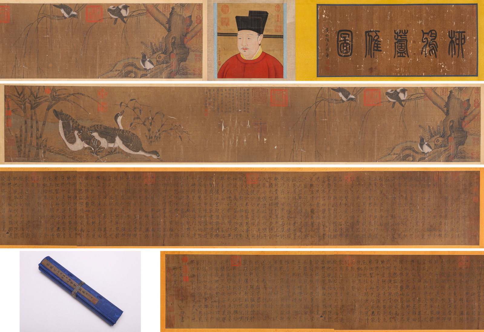 EMPEROR HUIZONG (1082-1135), ATTRIBUTED TO, COMBINED PAINTING AND CALLIGRAPHY OF 'THOUSAND CHARACTER: EMPEROR HUIZONG (1082-1135), ATTRIBUTED TO, COMBINED PAINTING AND CALLIGRAPHY OF 'THOUSAND CHARACTER CLASSIC', WILLOWS AND CROWS, AND REEDS AND GEESE HANDSCROLL Description: Dimensions: Width: 660.0 c