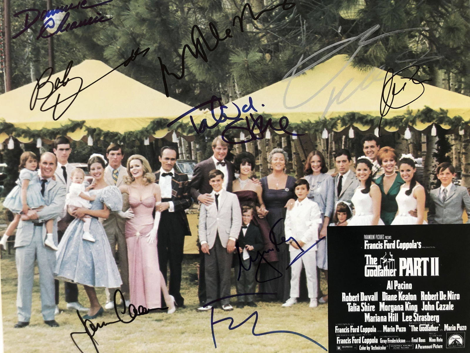 The Godfather Part II signed lobby card: The Godfather Part II signed lobby card autographed by Robert Duvall, James Caan, Dominic Chianese, Talia Shire, Al Pacino, Robert De Niro, Diane Keaton, Francis Ford Coppola and Morgana King. 11x14 i