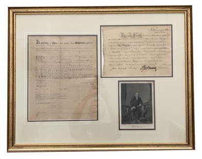 Robert Morris signed stock certificate and photo: Robert Morris signed stock certificate (co-signed by James Marshall) and photo. Custom matte, framed 25.5x32.5 inches. eRobert Morris was a signer of the Declaration of Independenceâ€”-This