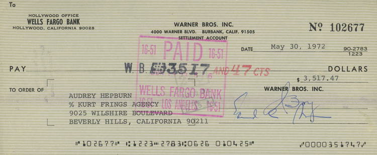 Audrey Hepburn signed payroll check: Audrey Hepburn signed payroll check from Warner Brothers. This check is endorsed by Audrey on the back. Dated May 30th 1972â€”-This autograph is certified by a 20 year plus member of IADA (Intern