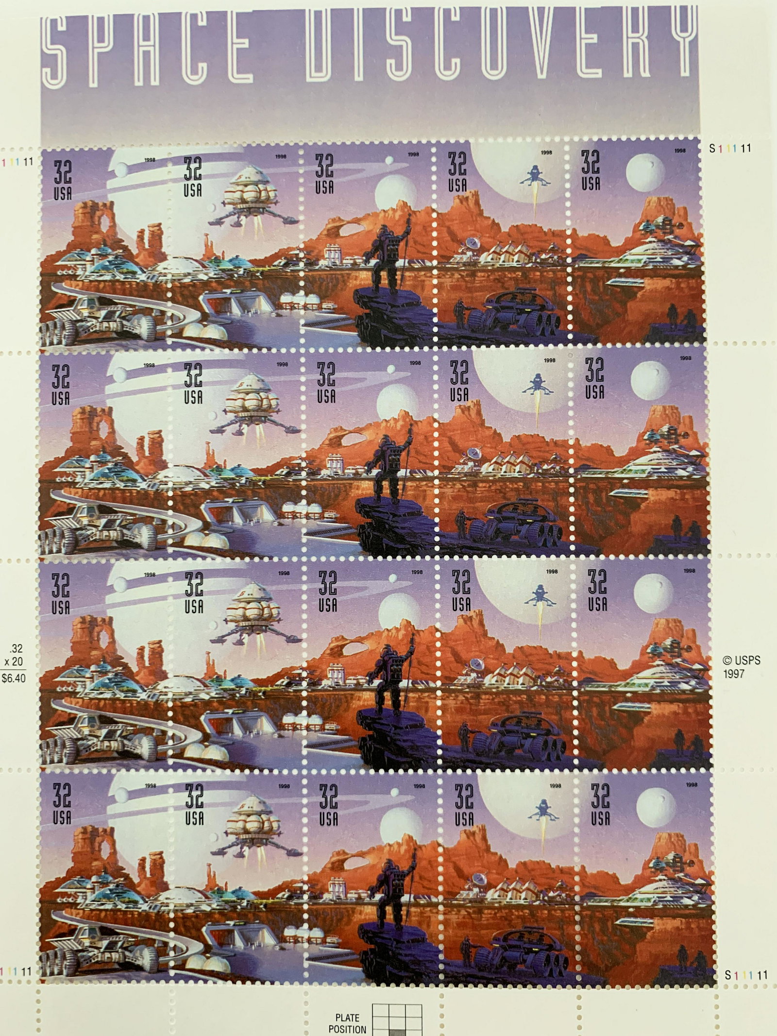 USPS Space Discovery - Sheet of Twenty 32 Cent Stamps: With the advent of robotic and human spaceflight a new era of American history had presented itself. Keeping with the tradition of honoring the country's history on U.S. postage stamps, the U.S. Post 
