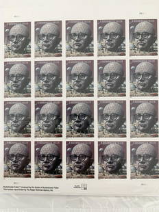 2004 37c R. Buckminster Fuller, Sheet of Twenty Stamps: Richard Buckminster Fuller was an American architect, systems theorist, author, designer, inventor, and futurist. Fuller published more than 30 books, coining or popularizing terms such as "Spaceship