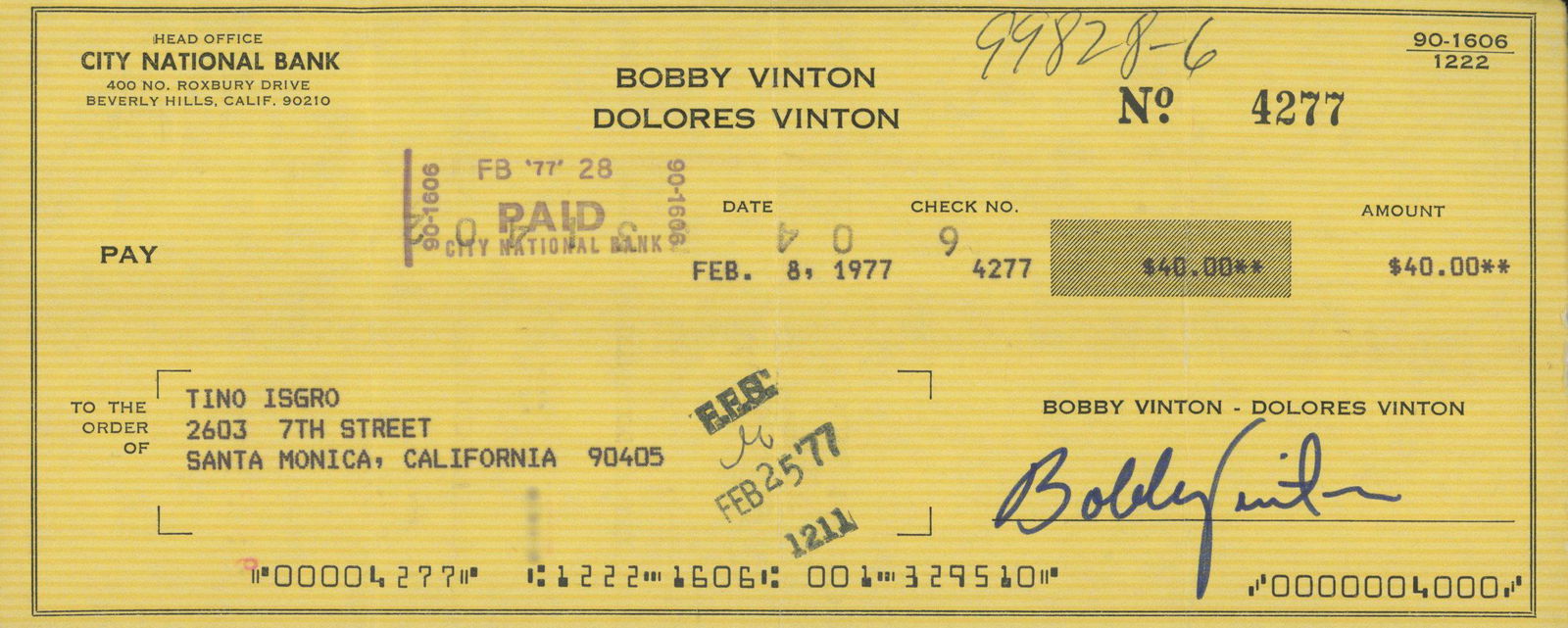 Bobby Vinton signed check (1 of 1)