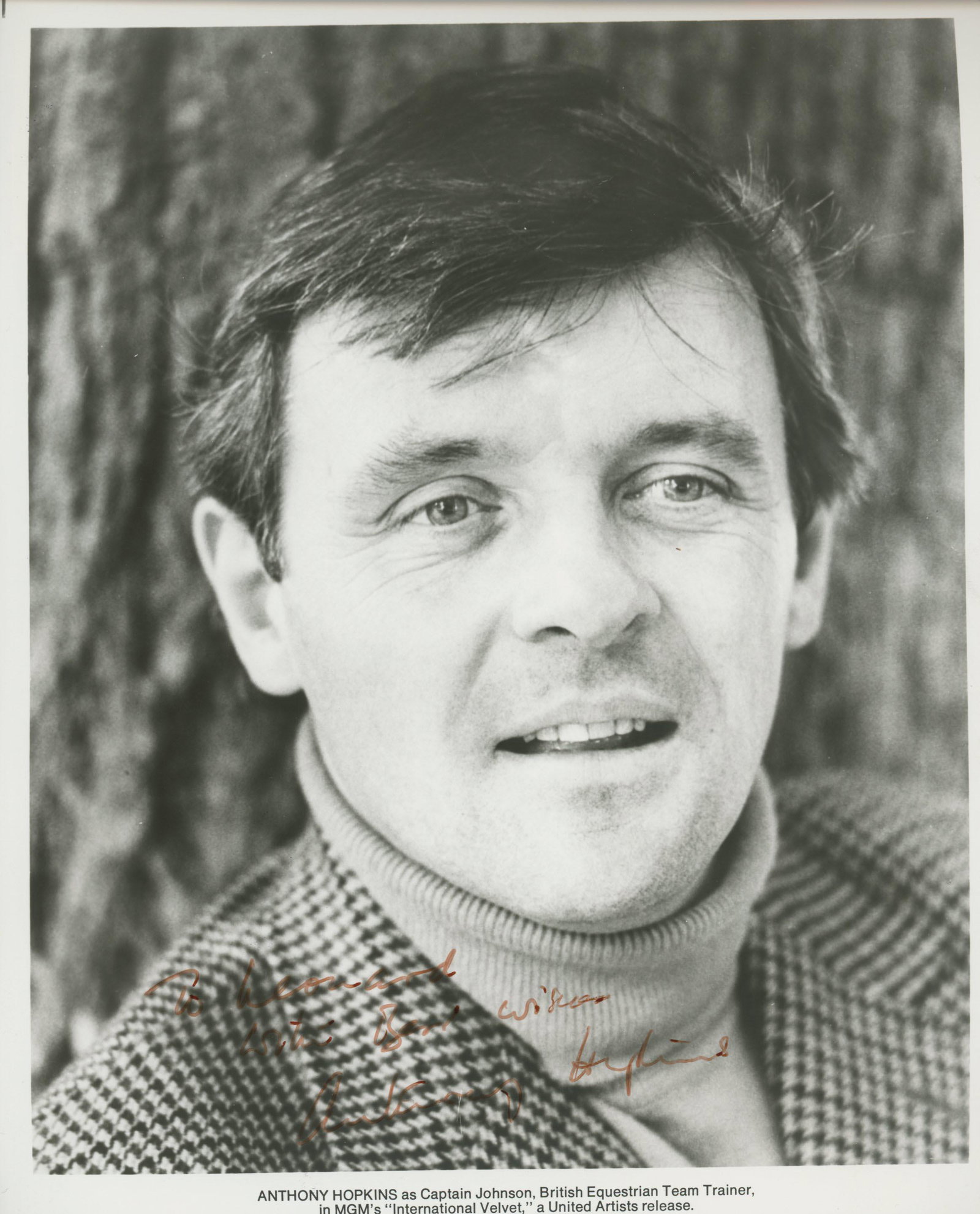 Anthony Hopkins signed movie photo: International Velvet movie photo autographed by Anthony Hopkins.â€”This autograph is certified by a 20 year plus member of IADA (International Autograph Dealers Association) , UACC (Universal Aut