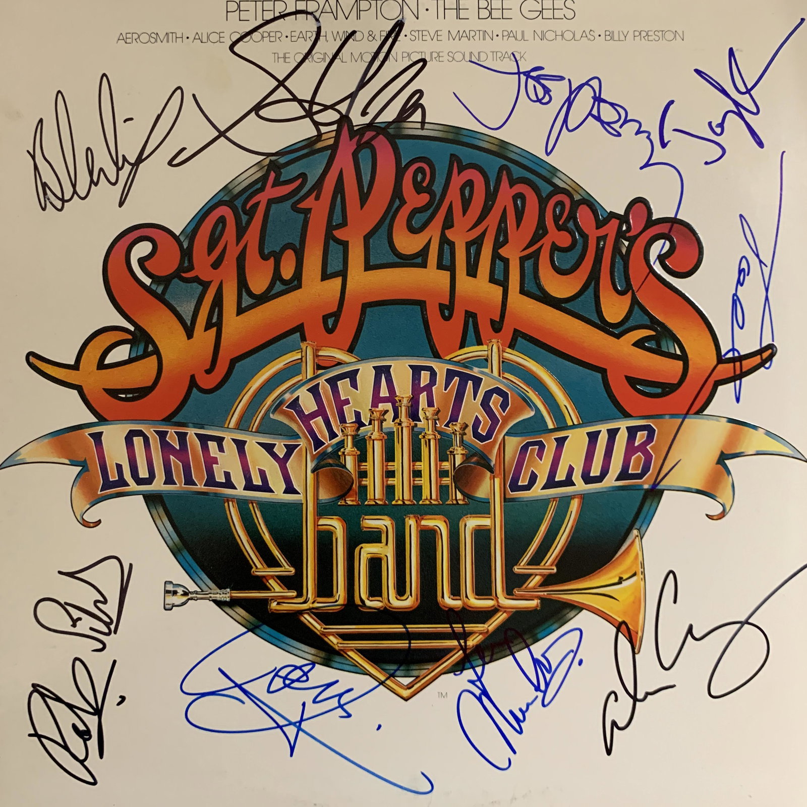 Sgt. Pepper's Lonely Hearts Club signed sound track: Sgt. Pepper's Lonely Hearts Club sound track signed by Barry Gibb, Robin Gibb, Maurice Gibb, Alice Cooper, Steven Tyler, Joe Perry, Joey Kramer, Brad Whitford and Tom Hamiltonâ€”This autograph is