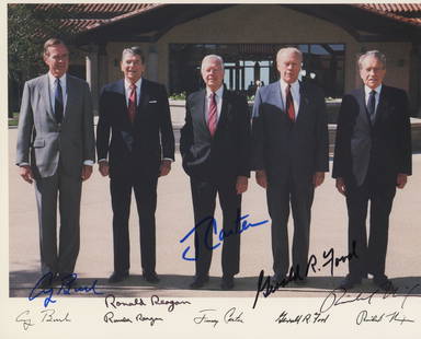 5 American Presidents signed photo: 5 American Presidents signed photo autographed by George H.W. Bush, Ronald. Reagan, Jimmy Carter, Gerald Ford and Richard Nixon.â€”-This autograph is certified by a 20 year plus member of IADA