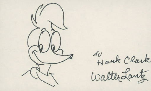 Woody the Woodpecker signed note: Woody the Woodpecker original sketch and signed note autographed by Walter Lantz