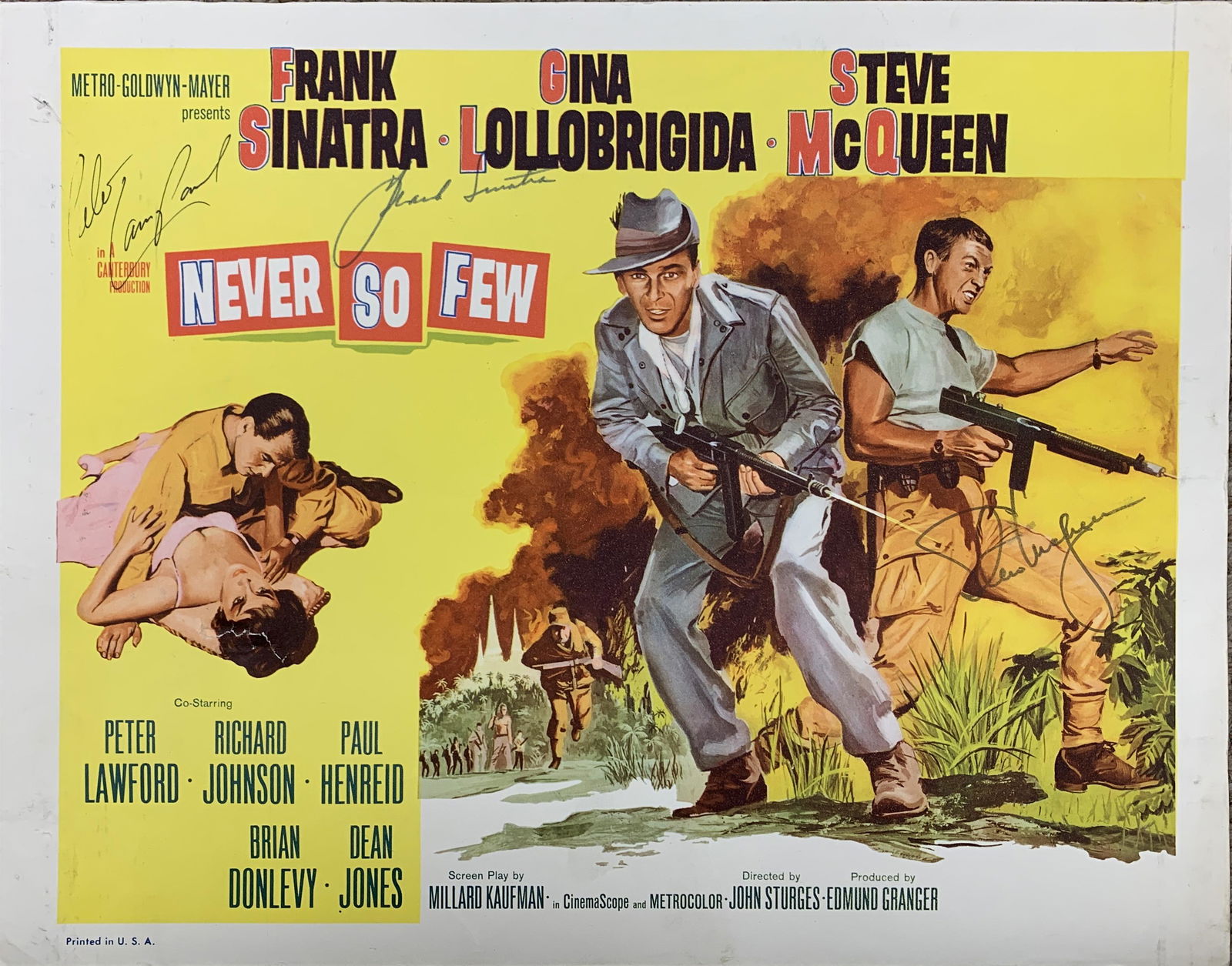 Frank Sinatra, Peter Lawford and Steve McQueen signed: MGM's Never So Few autographed 11x14 in Lobby Card signed by Frank Sinatra, Peter Lawford and Steve McQueen