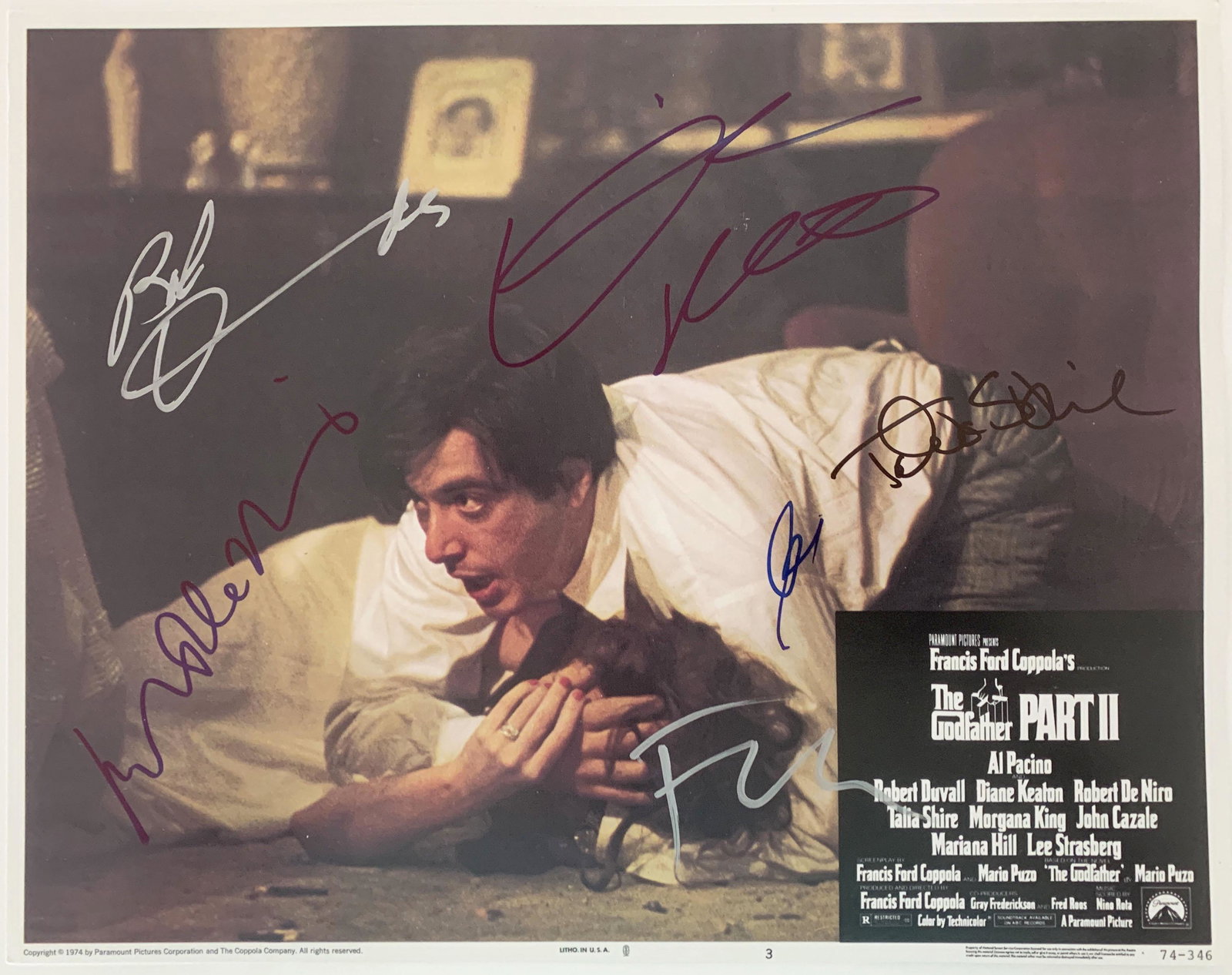 Godfather II signed lobby card: Godfather II signed lobby card autographed by Al Pacino, Robert Duvall, Robert DeNiro, Talia Shire, Diane Keaton and Francis Ford Coppola. 11x14 inches