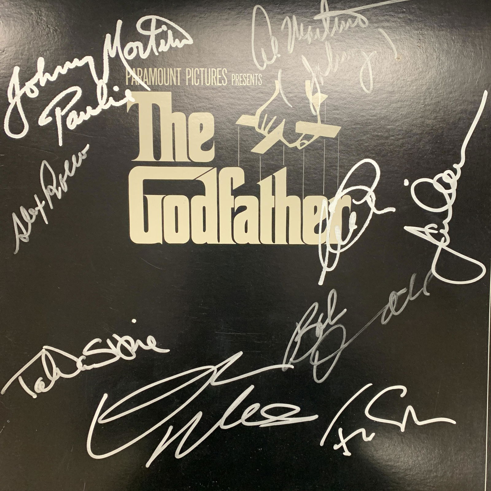 The Godfather signed soundtrack: This is an autographed Godfather sound track. The sound track has been signed by Al Pacino, James Caan, Robert Duvall, Diane Keaton, Talia Shire, Alex Rocco, John Martino, Al Martino and Francis Ford