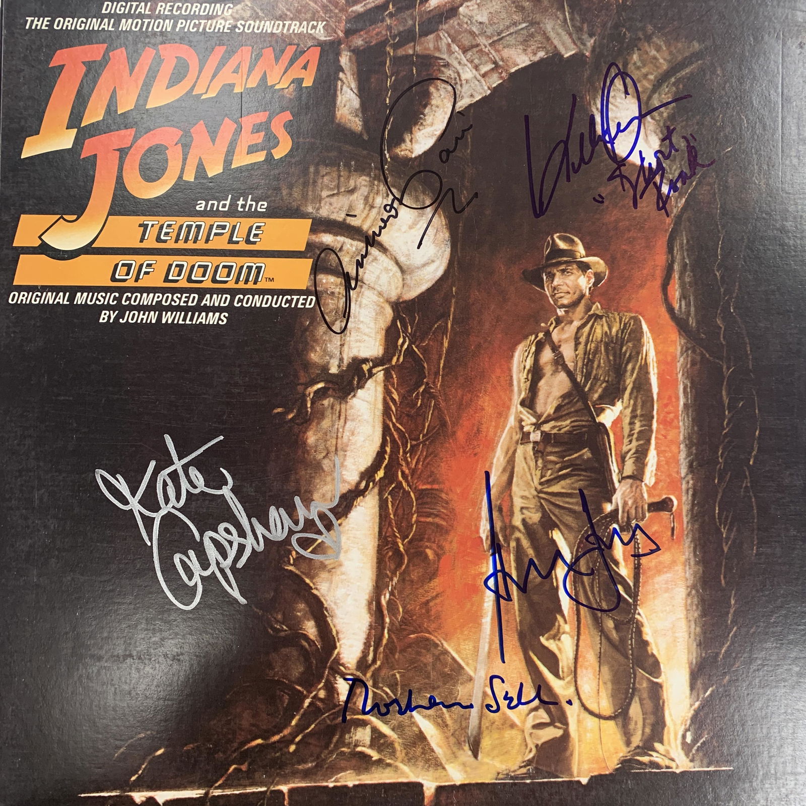 Indiana Jones Temple of Doom signed album: Indiana Jones Temple of Doom movie soundtrack signed by Harrison Ford, Kate Capshaw, Ke Huy Quan, Amrish Puri and John Williams