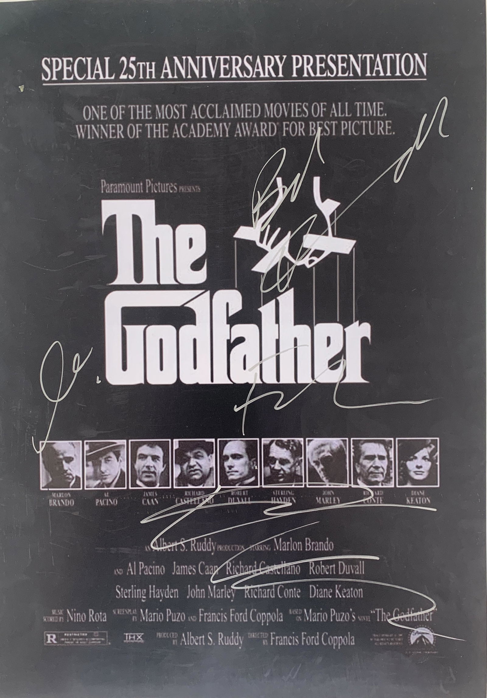 Godfather signed mini poster: Godfather signed mini poster autographed by Al Pacino, Robert Duvall, Diane Keaton and Francis Ford Coppopla. 11x14 inches
