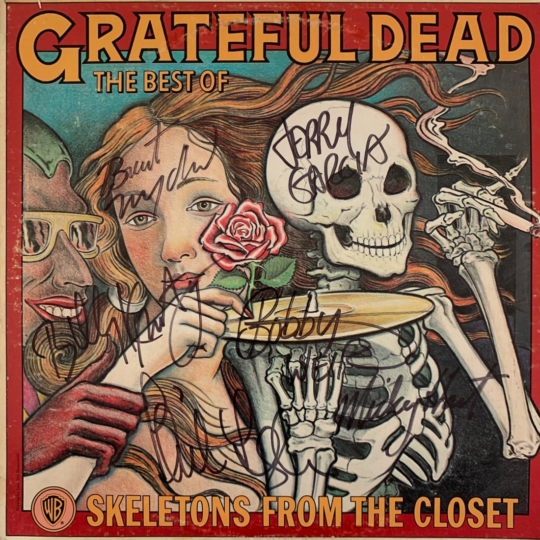Grateful Dead signed record: Grateful Dead "Best of Skeltons in the Closet" album signed by Jerry Garcia, Phil Lesh, Bob Weir, Billy Kreutzmann, Brent Mydland and Mickey Hart. item comes with vinyl