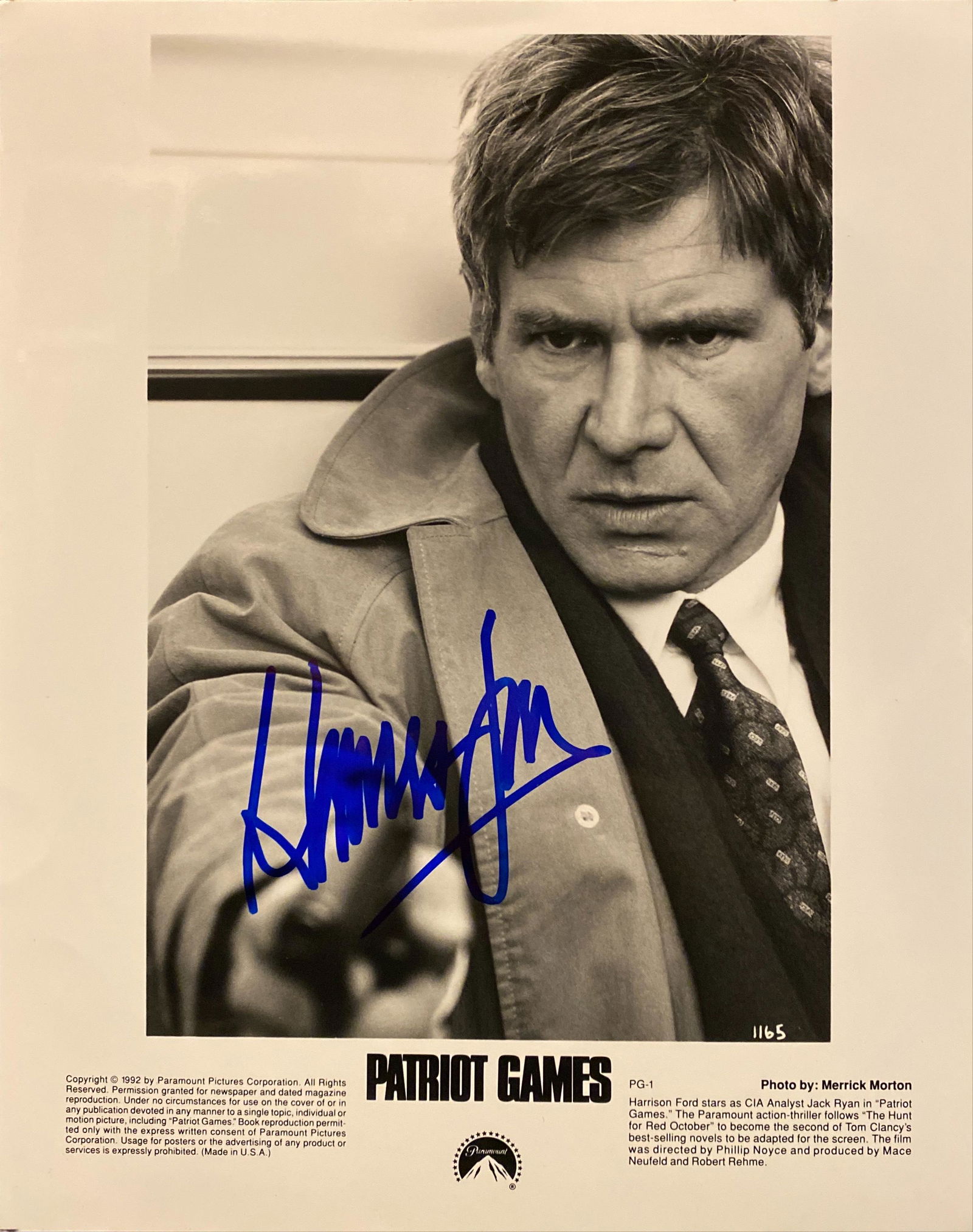 Harrison Ford signed photo: Patriot Games signed movie autographed by Harrison Ford 8x10 inches