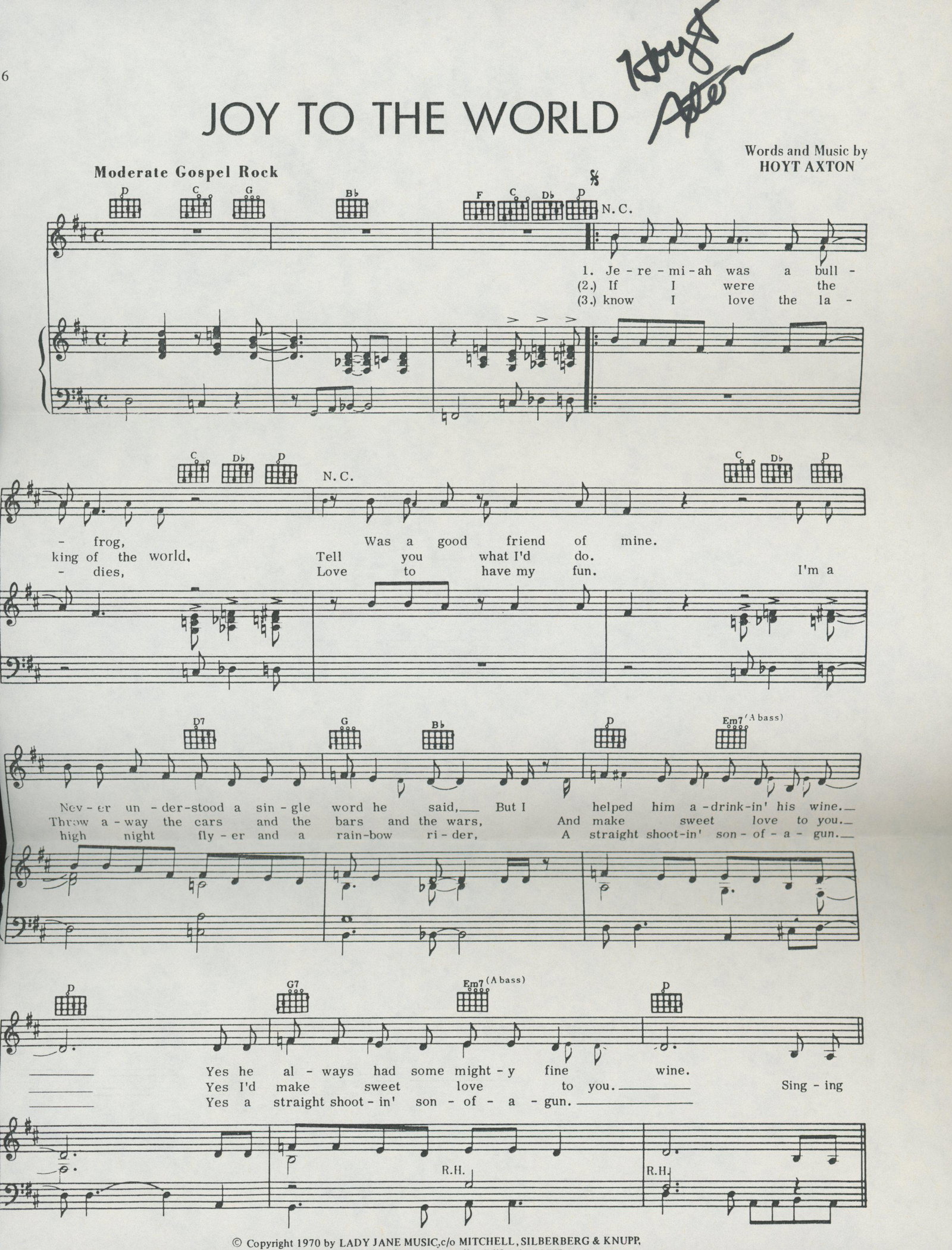 Folk Singer Hoyt Axton signed sheet music: Hoyt Axton signed "Joy to the World" sheet music