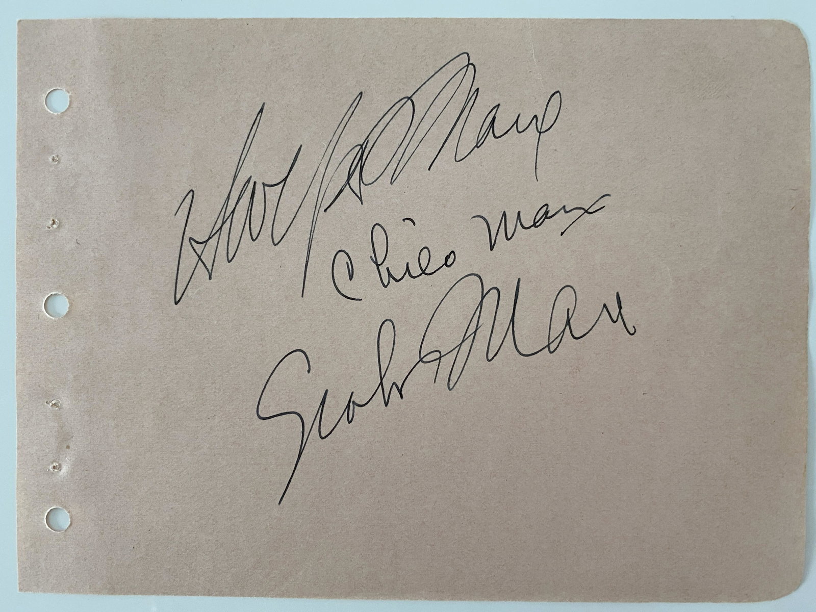 The Marx Brothers signature sheet: The Marx Brothers original signatures by Groucho, Chico and Harpo Marx