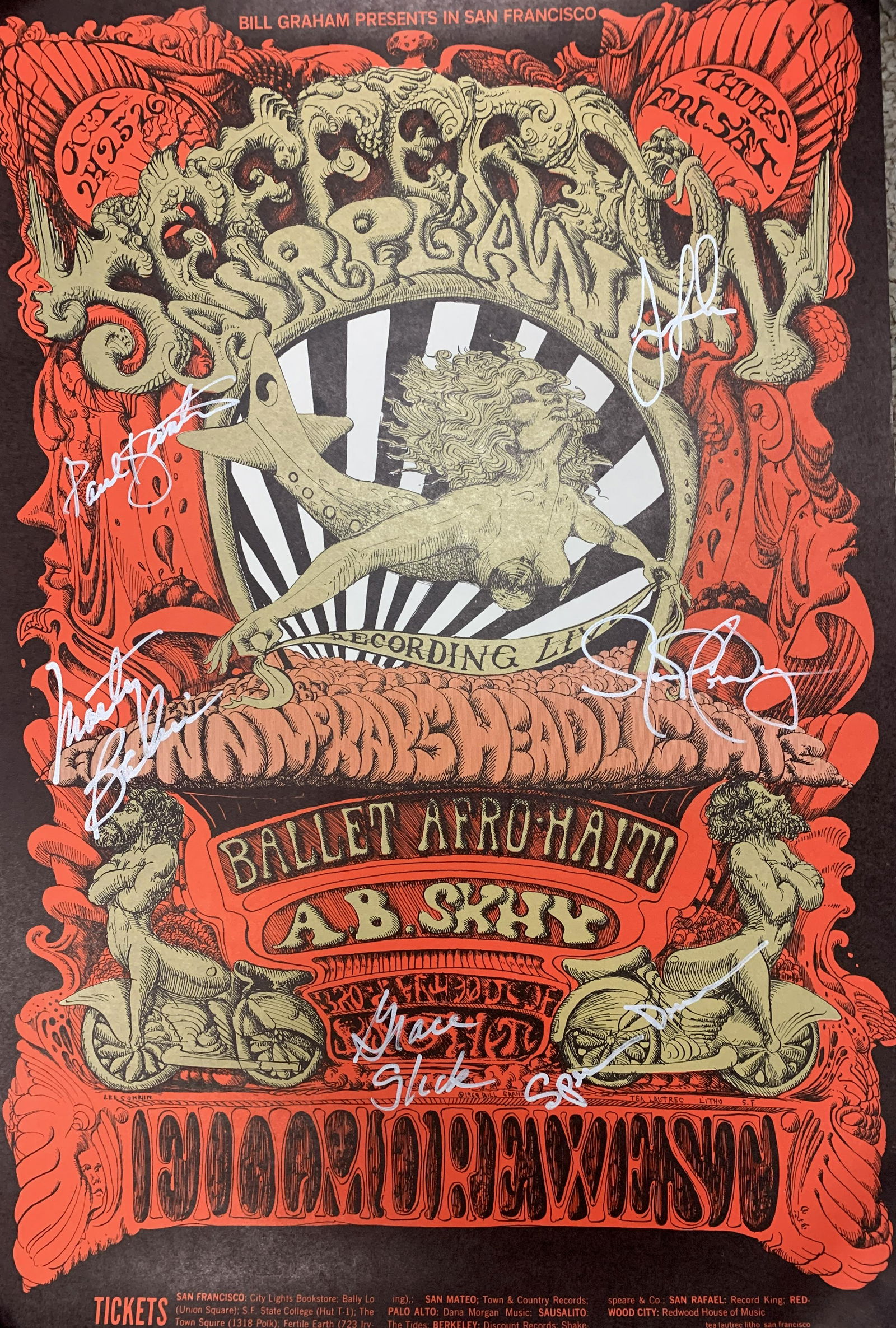 Jefferson Airplane signed Fillmore poster: Jefferson Airplane signed Fillmore poster autographed by Grace Slick, Spencer Dryden, Marty Balin, Jack Cassidy, Paul Kantner and Jorma Kaukonen. 14x21 inches
