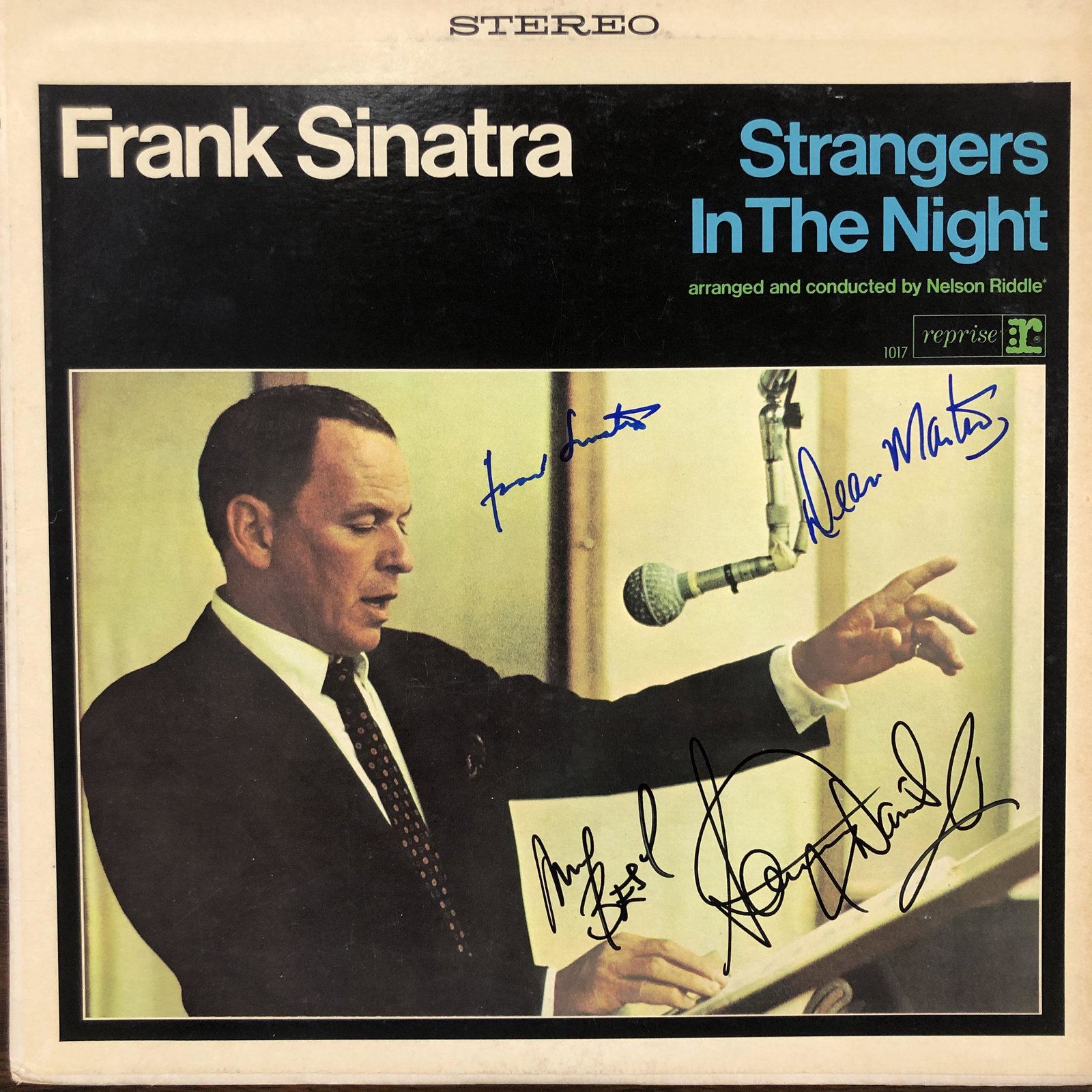 Rat Pack signed album: Rat Pack Strangers in the Night album signed by Frank Sinatra, Sammy Davis Jr. and Dean Martin