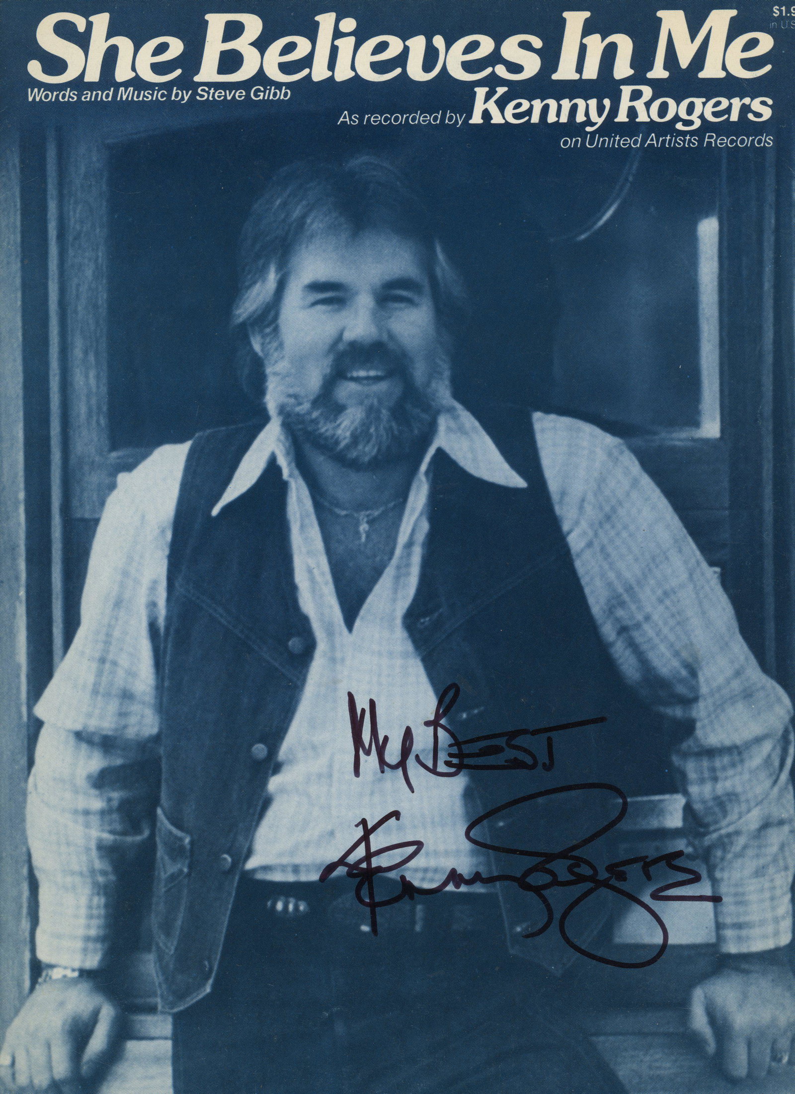 Kenny Rogers signed music sheet: Kenny Rogers She Believes in Me signed music sheet