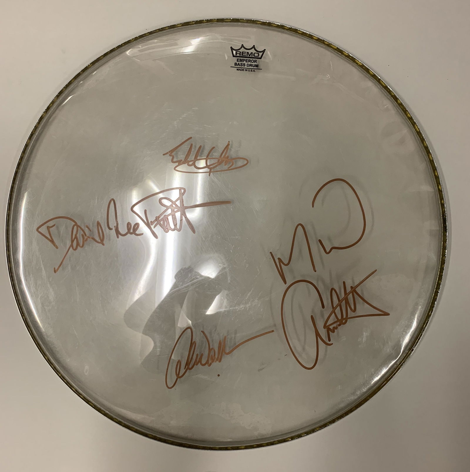 Van Halen signed drumhead: Van Halen signed drumhead autographed by David Lee Roth, Eddie Van Halen, Alex Van Halen and Michael Anthony. 24 inches