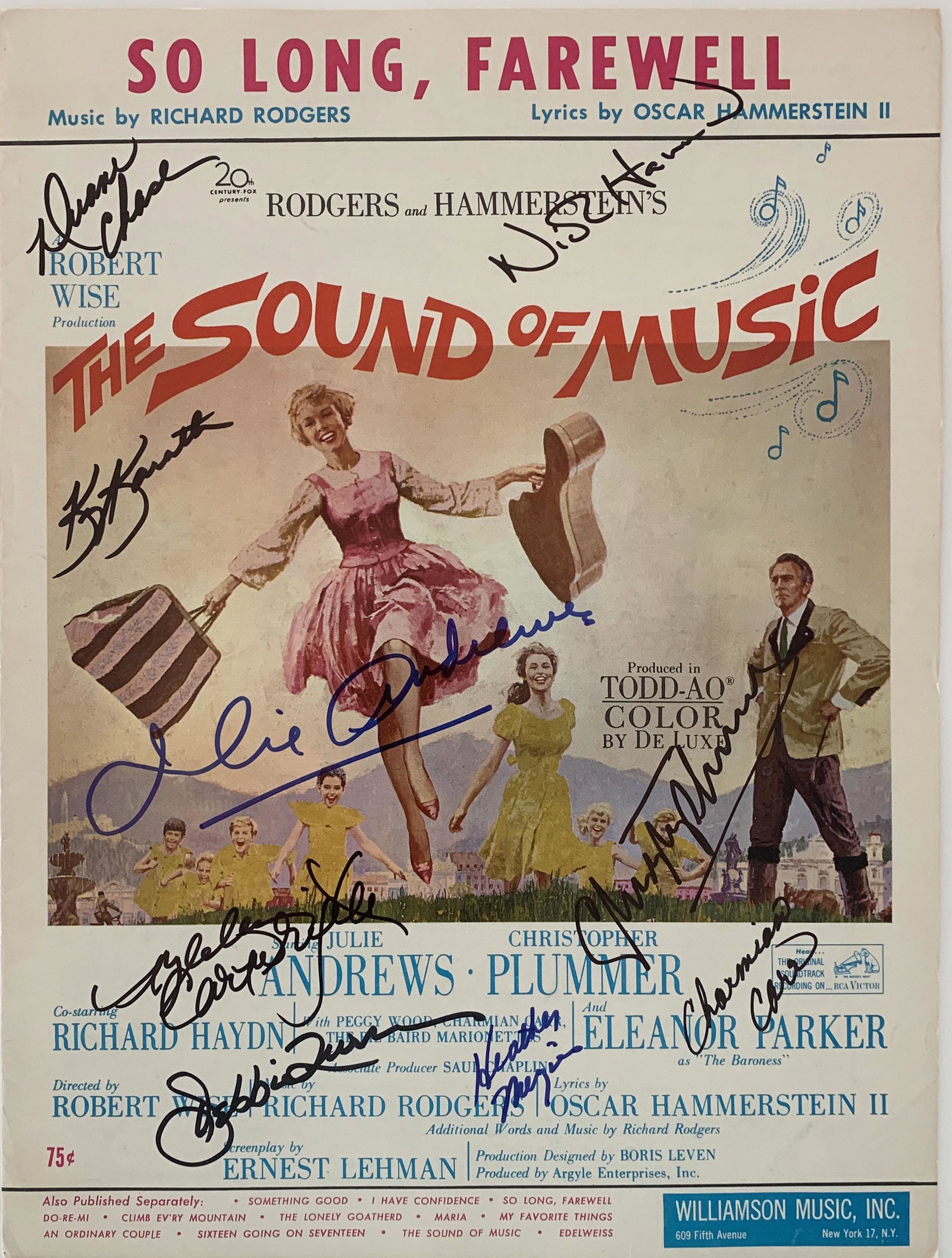 The Sound Of Music signed sheet music: The Sound Of Music signed sheet music autographed by Julie Andrews, Christopher Plummer, Duane Chase, Kim Karath, Nicholas Hammond, Charmain Carr, Debbie Turner, Heather Menzies-Urich and Angela Cartw