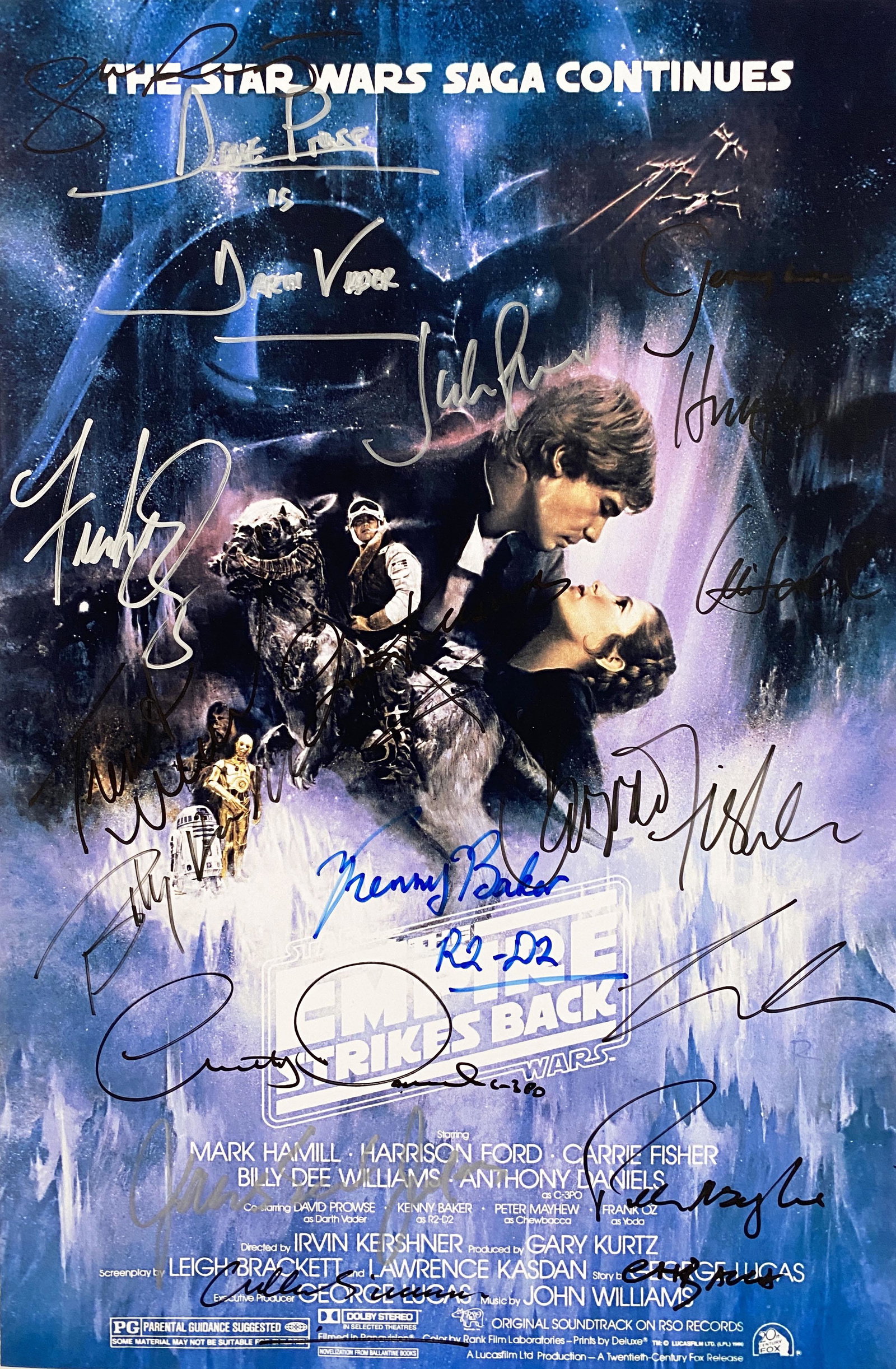 Star Wars Cast signed movie one sheet: Star Wars David Prowse, Harrison Ford, Carrie Fisher, Mark Hamill, Frank Oz, Peter Mayhew, Billy Dee Williams, Kenny Baker, Anthony Daniels, James Earl Jones, George Lucas, Jeremy Bulloch, Alec Guinne