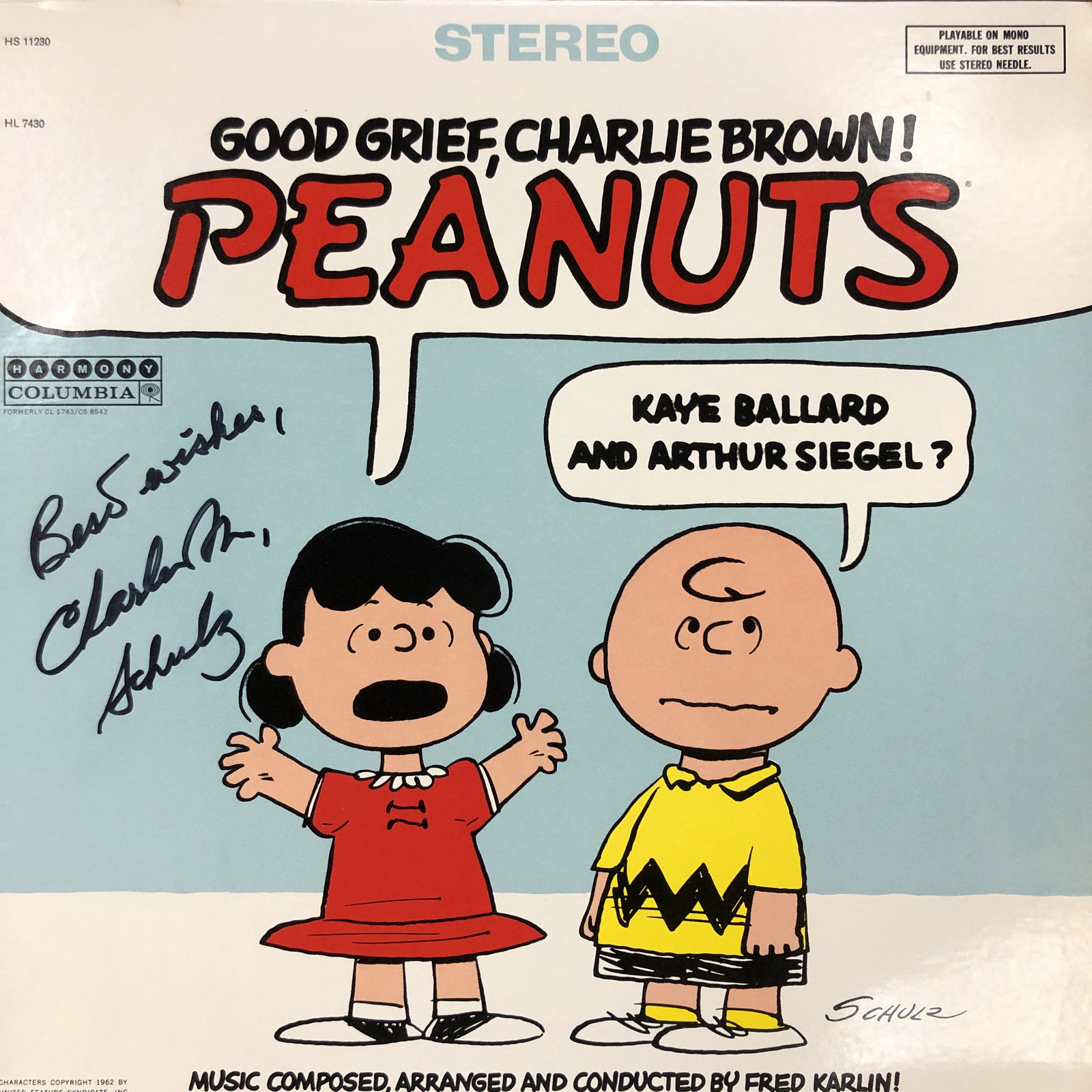Charlie Brown signed soundtrack: Good Grief Charlie Brown soundtrack signed by Charles Schulz