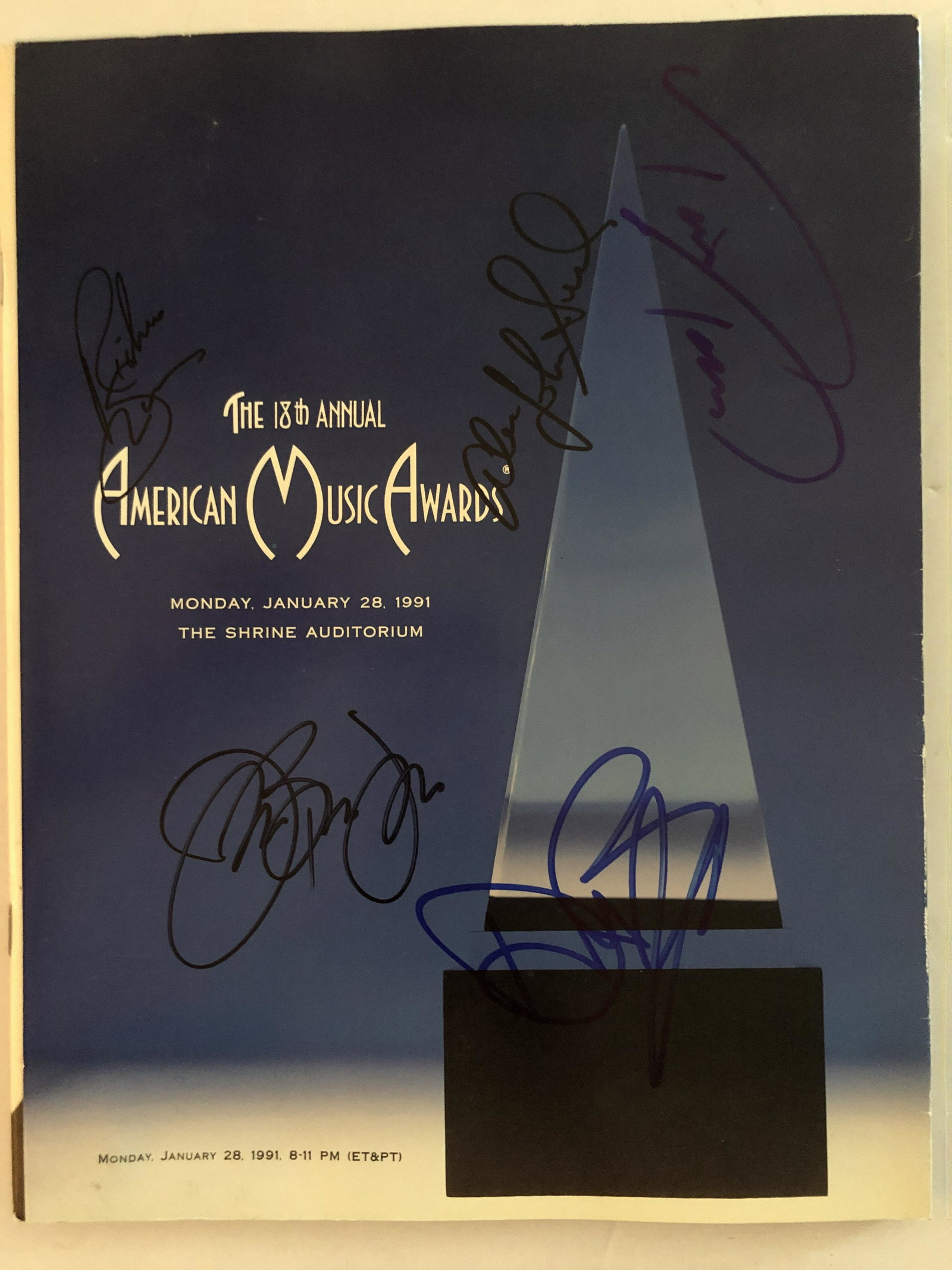 Bon Jovi signed American Music Awards attendee program: American Music Awards book autographed by Jon Bon Jovi, Richie Sambora, David Bryan, Tico Torres and Alec John Such.