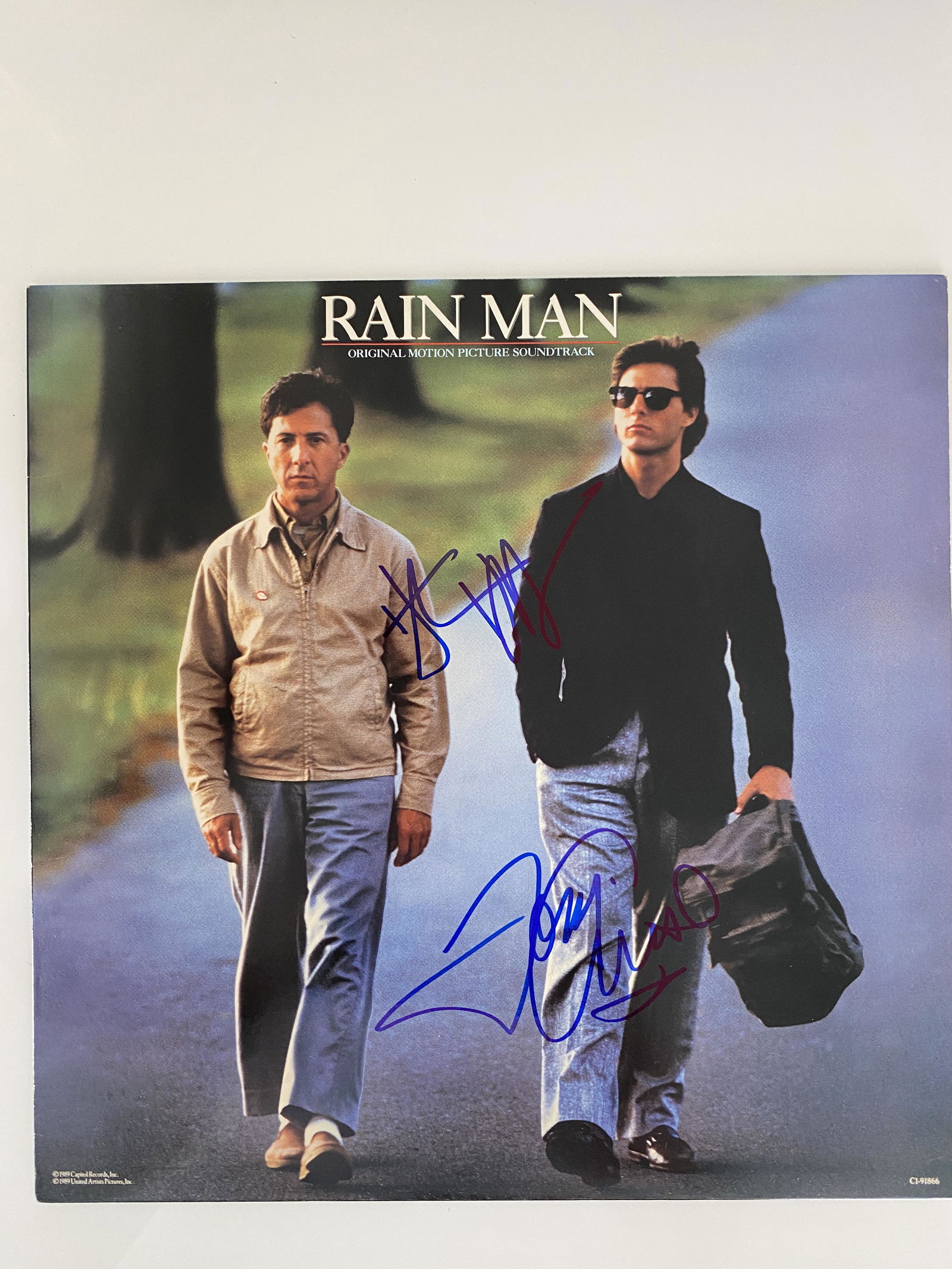 Rain Man signed sound track: Rain Man signed sound track autographed by Tom Cruise and Dustin Hoffman. 12x12 inches