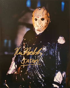 Friday the 13th Kane Hodder signed movie photo: Friday the 13th signed movie photo autographed by Kane Hodder. 8x10 inches