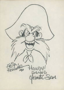 Friz Freleng hand drawn and signed Yosemite Sam sketch: Friz Freleng hand drawn and signed Yosemite Sam sketch. 8.5x11 inches