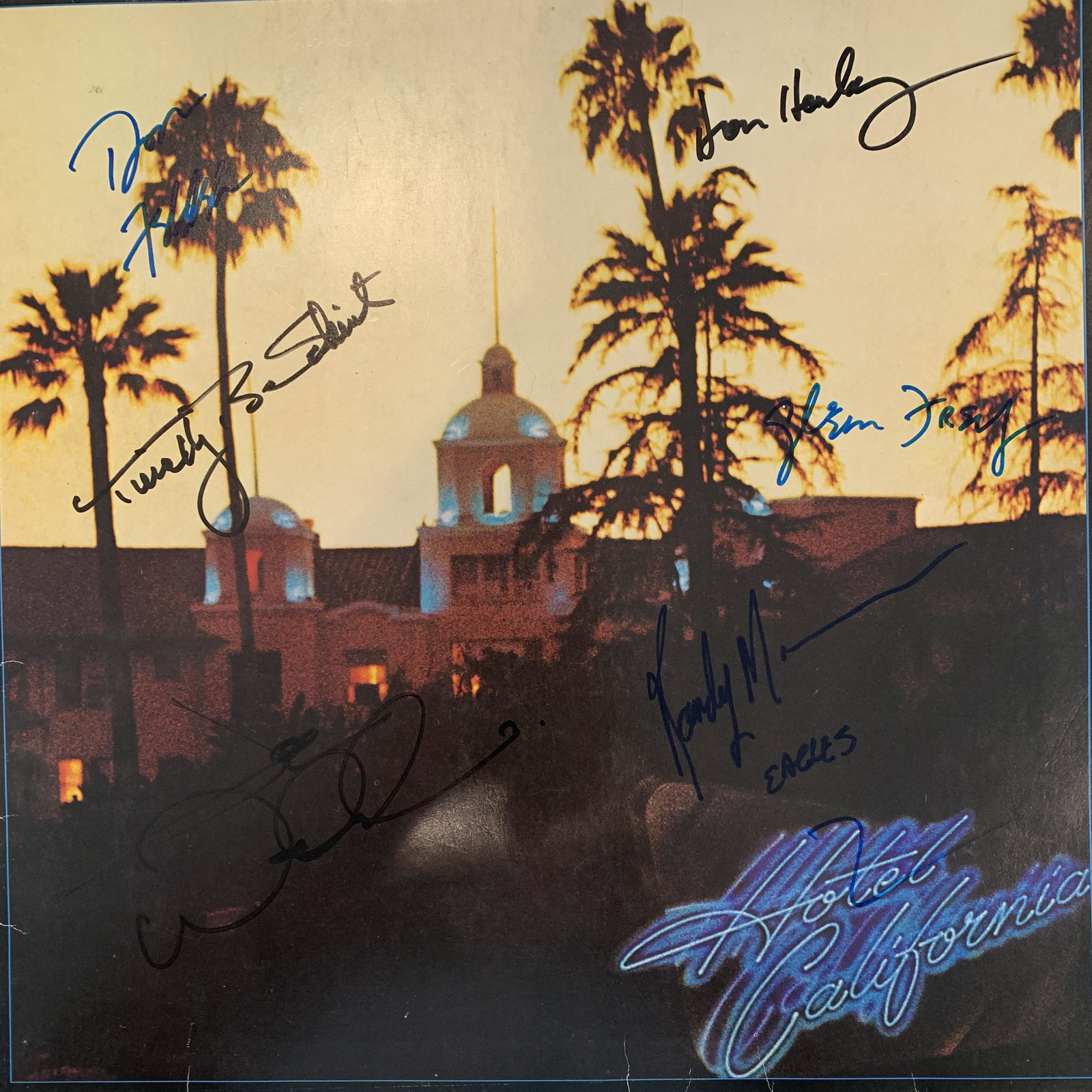 Eagles Hotel California signed album: Eagles Hotel California signed album autographed by Glenn Frey, Don Henley, Don Felder, Timothy B. Schmit, Randy Meisner and Joe Walsh. Vinyl included