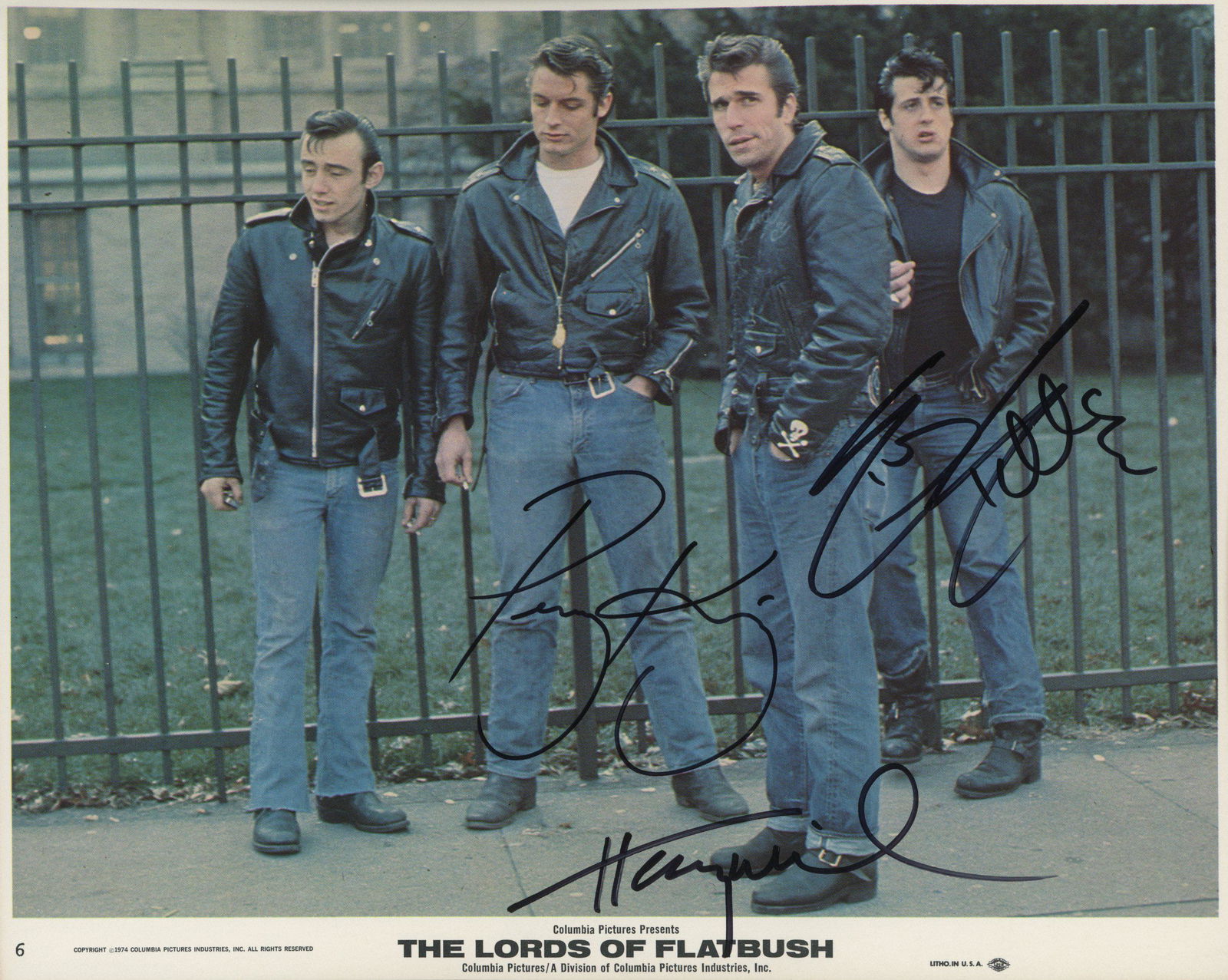Henry Winkler, Sylvester Stallone and Perry King signed: The Lords of Flatbush 8x10 cast photo autographed by Henry Winkler, Sylvester Stallone and Perry King.