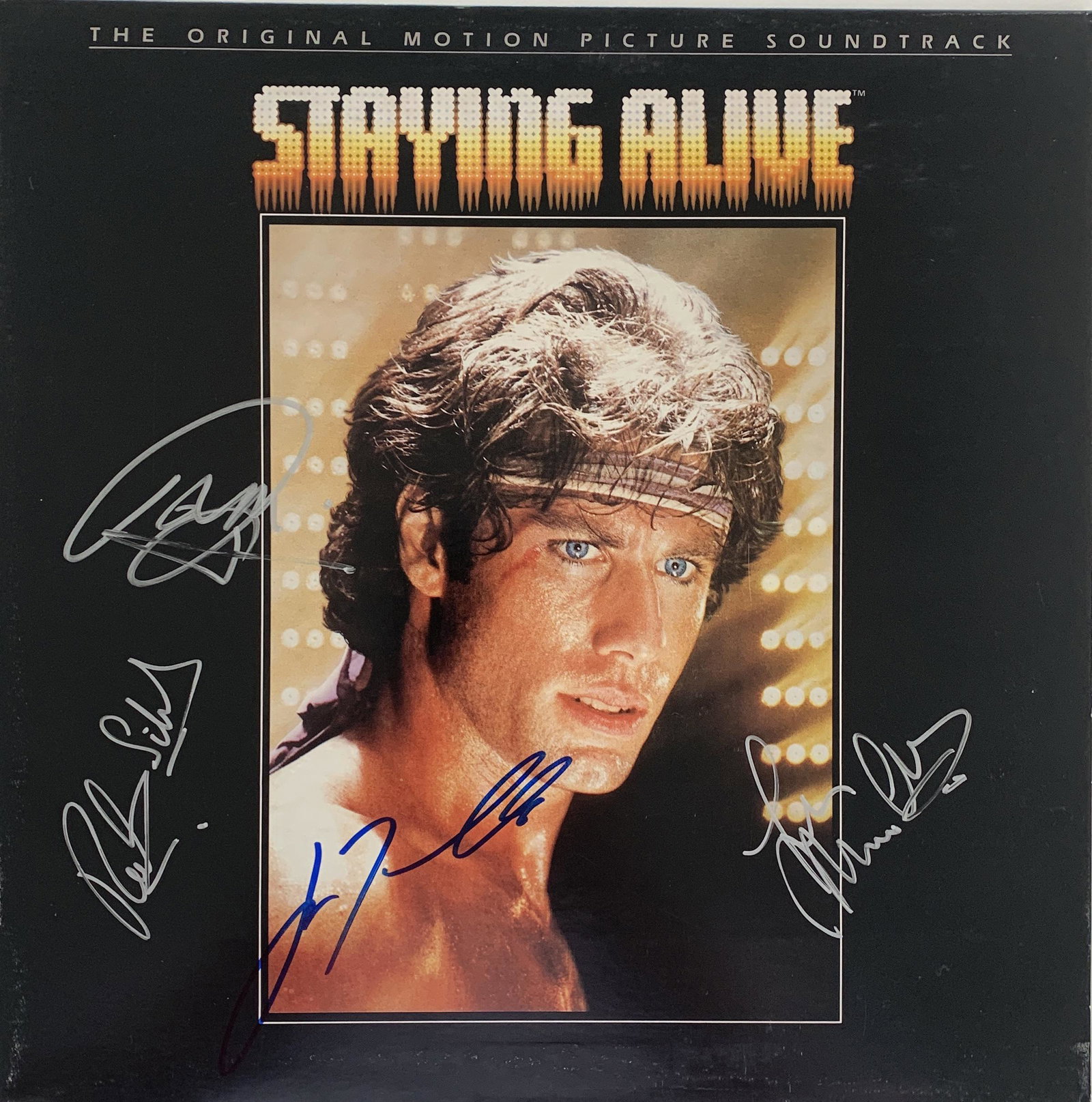 Stayin Alive signed soundtrack: Staying Alive signed sound track autographed by John Travolta, Barry Gibb, Robin Gibb and Maurice Gibb