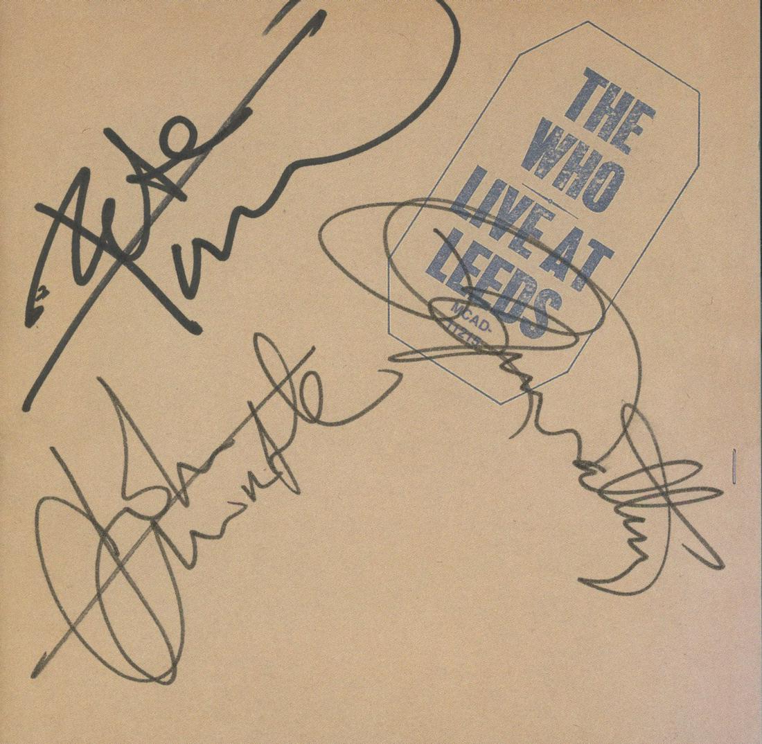 The Who band signed "Live at Leeds" CD cover: Live at Leeds CD cover autographed by Roger Daltrey, Pete Townshend, and John Entwistle.