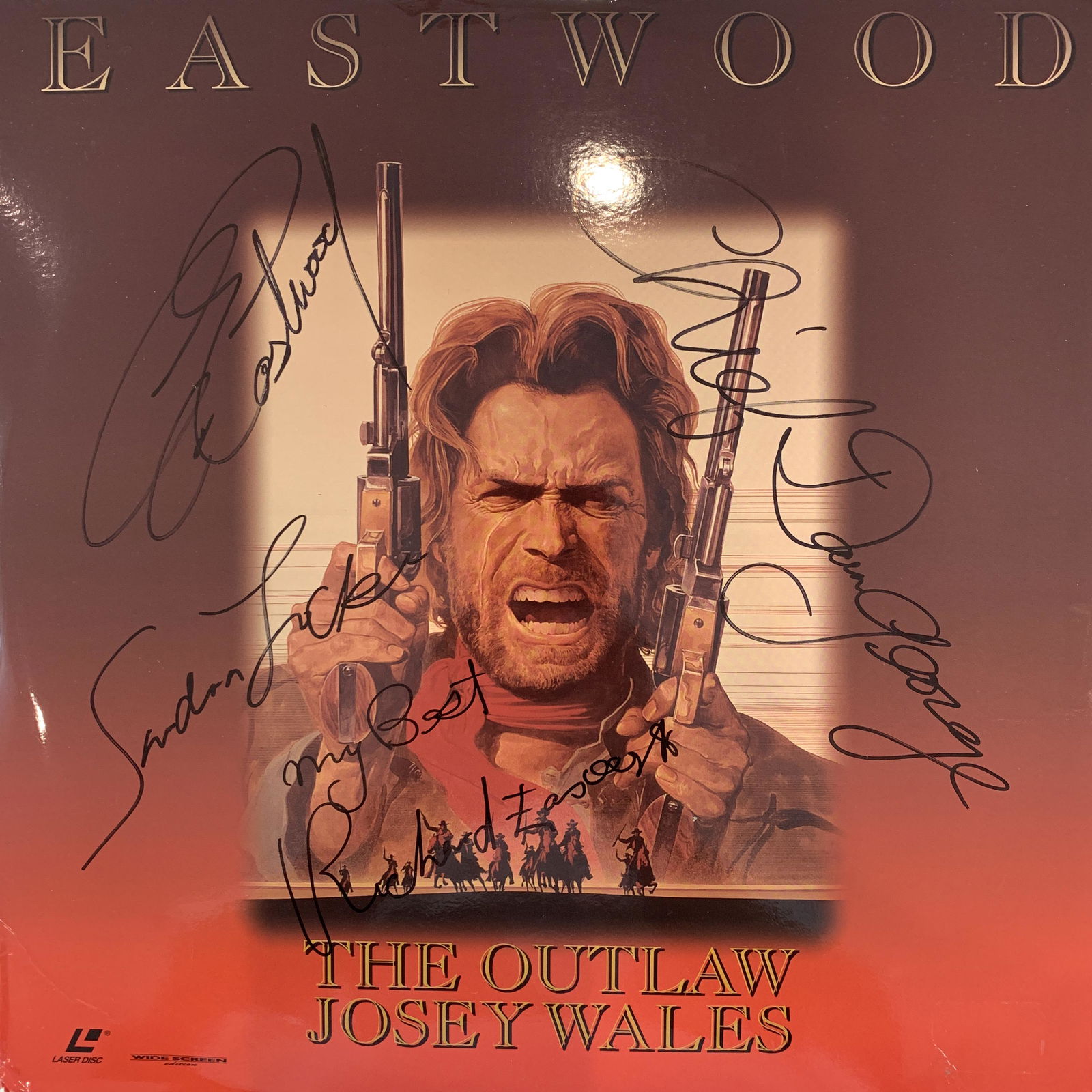 Outlaw Josie Wales cast signed laser disc: Outlaw Josie Wales cast signed laser disc autographed by Clint Eastwood, Chief Dan George, Sondra Locke and Richard Farnsworth. Vinyl Included
