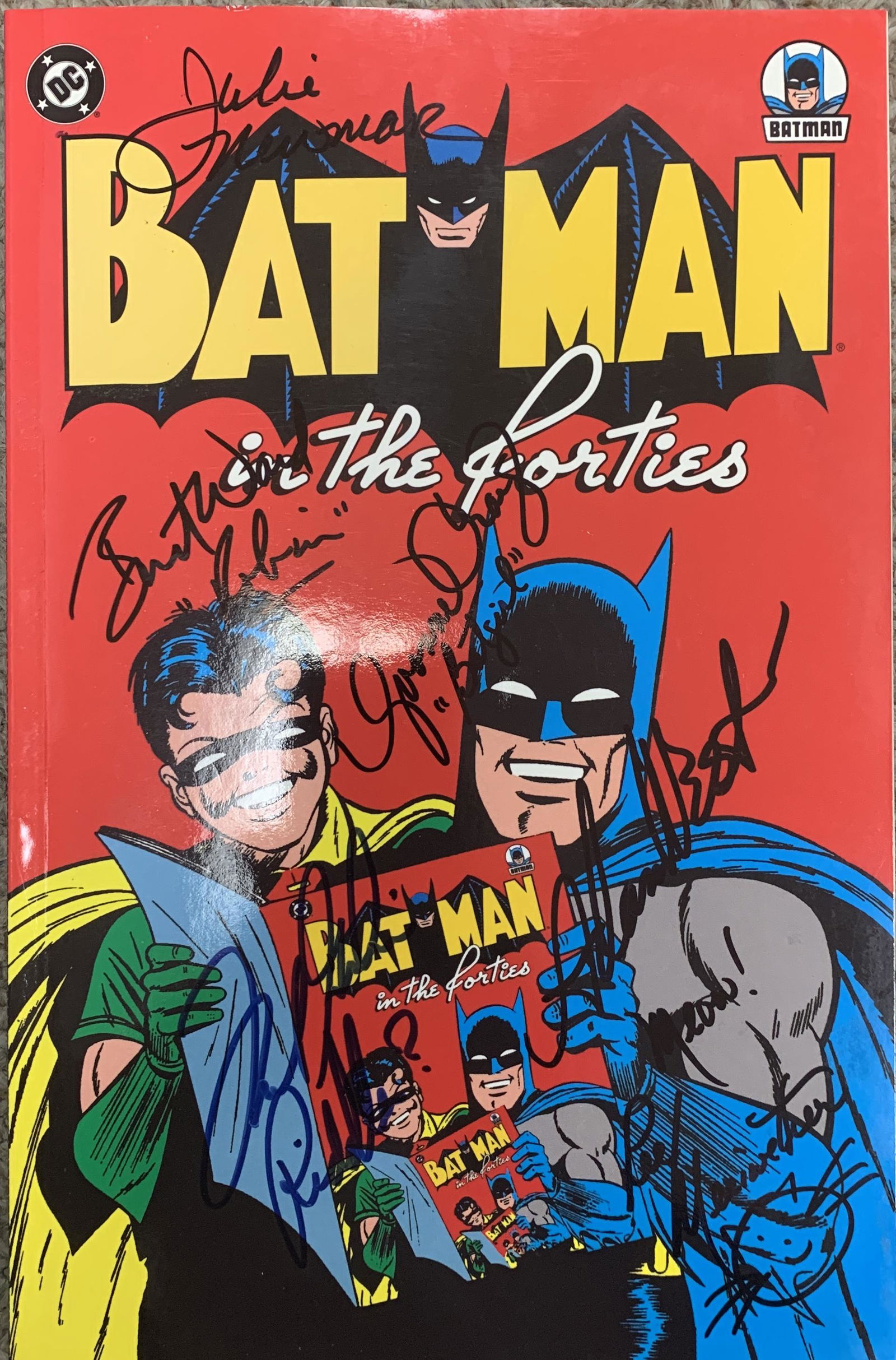 Batman signed comic: Batman in the Forties signed DC comic autographed by Julie Newmar, Burt Ward, Yvonne Craig, Adam West, Frank Gorshin and Lee Meriwether.