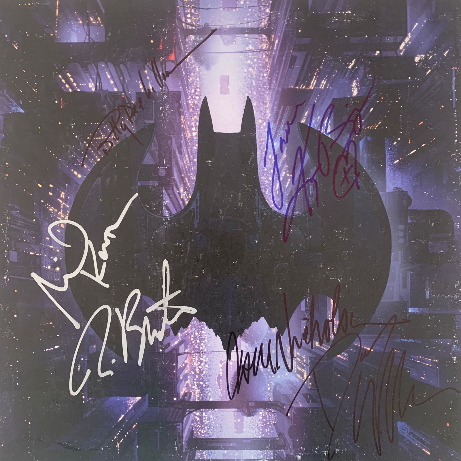 Batman cast signed sound track: Batman cast signed sound track autographed by Michael Keaton, Jack Nicholson, Kim Basinger, Robert Wuhl, Billy Dee Williams and Cliff Burton
