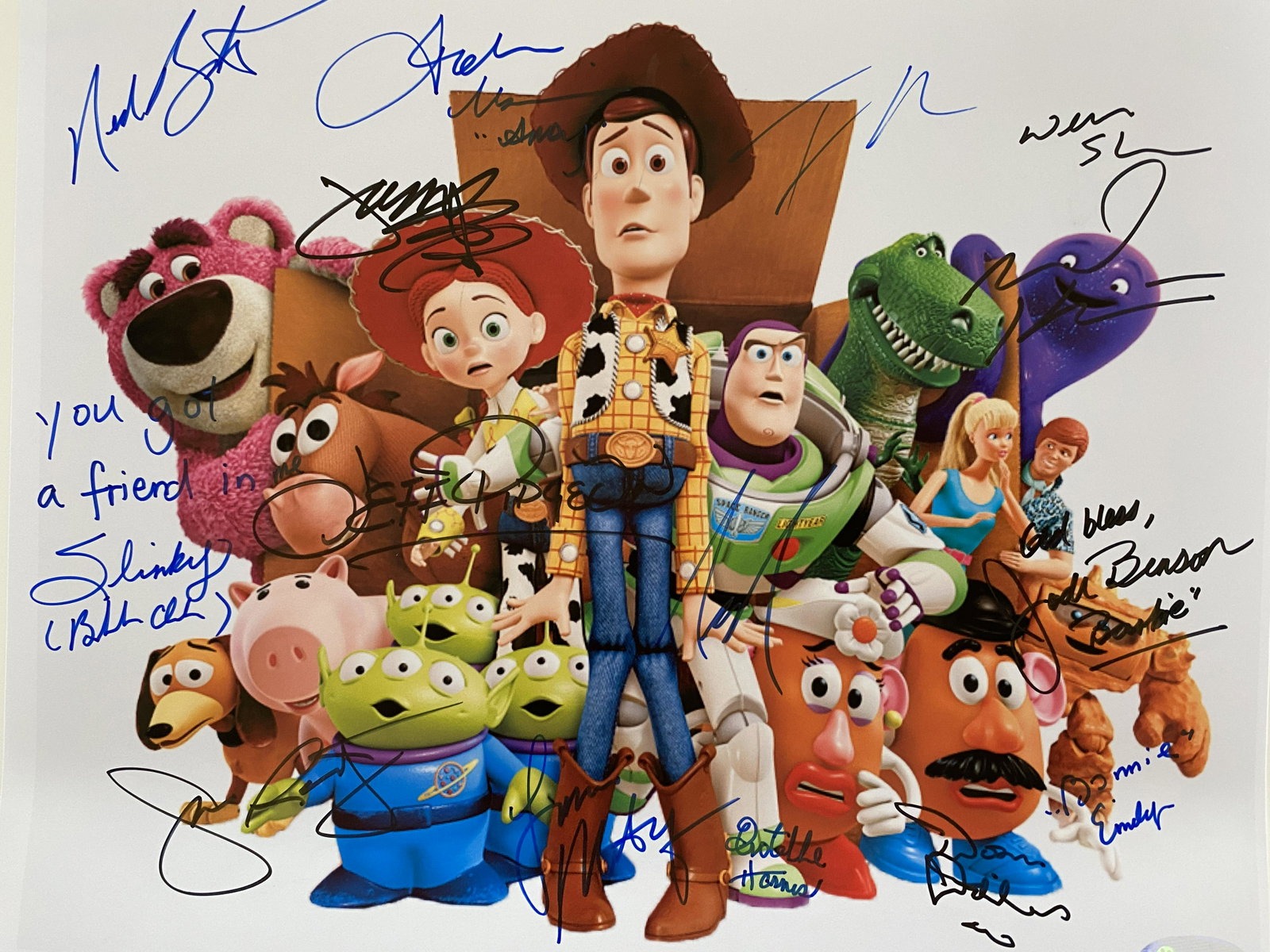 Toy Story 3 cast signed movie photo: Toy Story 3 cast signed movie photo autographed by Tom Hanks, Tim Allen, Joan Cusack, Don Rickles, Wallace Shawn, Estelle Harris, Timothy Dalton, Ned Beatty, Blake Clark, John Ratzenberger, John Morri