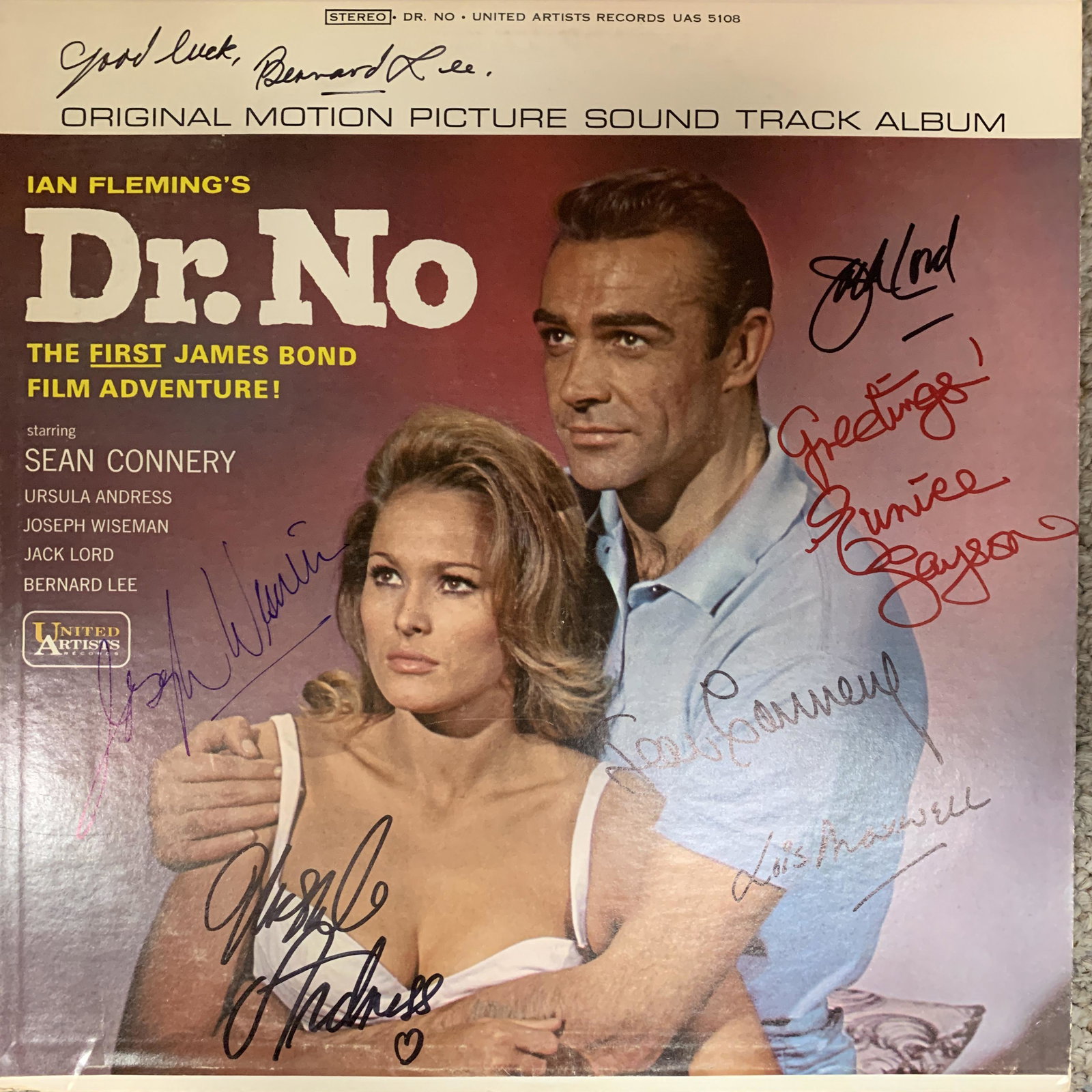 James Bond Dr. No cast signed sound track: James Bond Dr. No cast signed sound track autographed by Sean Connery, Ursula Andress, Bernard Lee, Jack Lord, Eunice Gayson, Joseph Wiseman and Lois Maxwell. 12x12 inches