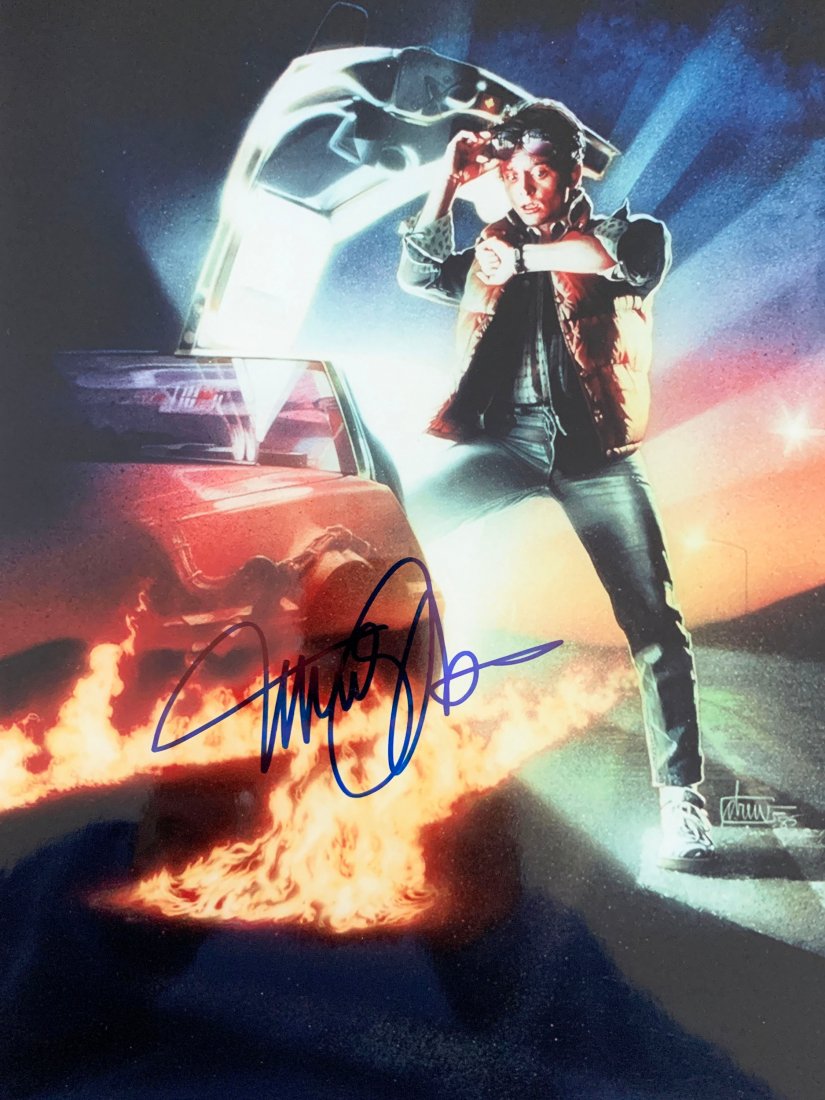 Back to the Future Michael J. Fox signed movie photo: Back to the Future signed movie photo autographed by Michael J. Fox. 11x14 inchesBack to the Future is a 1985 American science fiction film directed by Robert Zemeckis and written by Zemeckis and Bob 