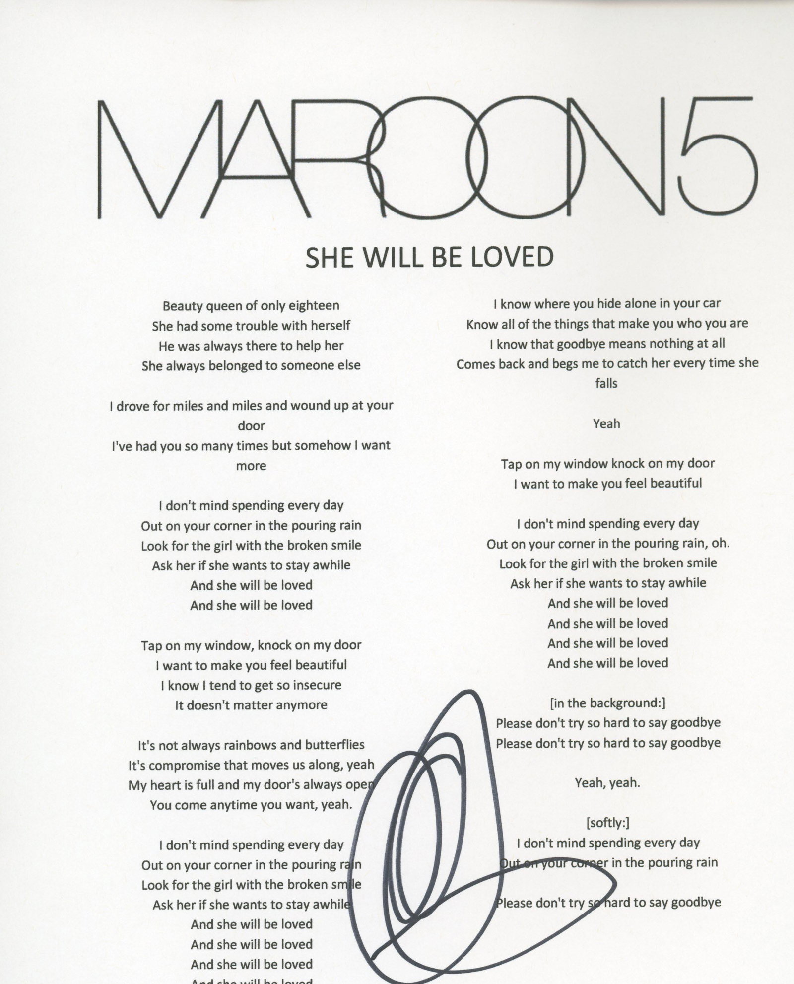 Maroon 5 Adam Levine signed song lyrics: Maroon 5 signed "She Will Be Loved" song lyrics autographed by Adam Levine. 8x10 inches