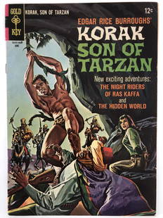 Korak Son of Tarzan Comic Book #13: Korak issue #13 1966. Painted cover art by George Wilson. "Lotuka Rain Dance" one-page non-fiction story, art by Mike Arens. "The Night Riders of Ras Kaffa," script by Gaylord Du Bois, art by Warren