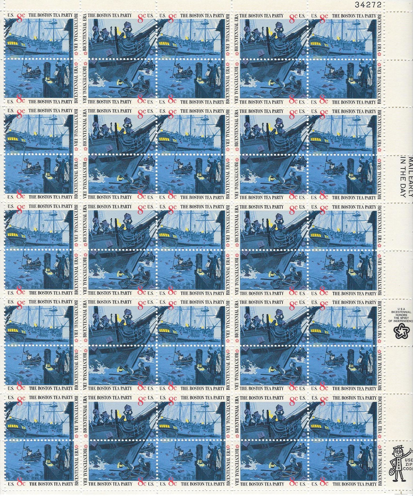 Bicentennial Era: The Boston Tea Party US Stamp sheet: Bicentennial Era: The Boston Tea Party US Stamp sheet FULL 50 x 8 cents stamps
