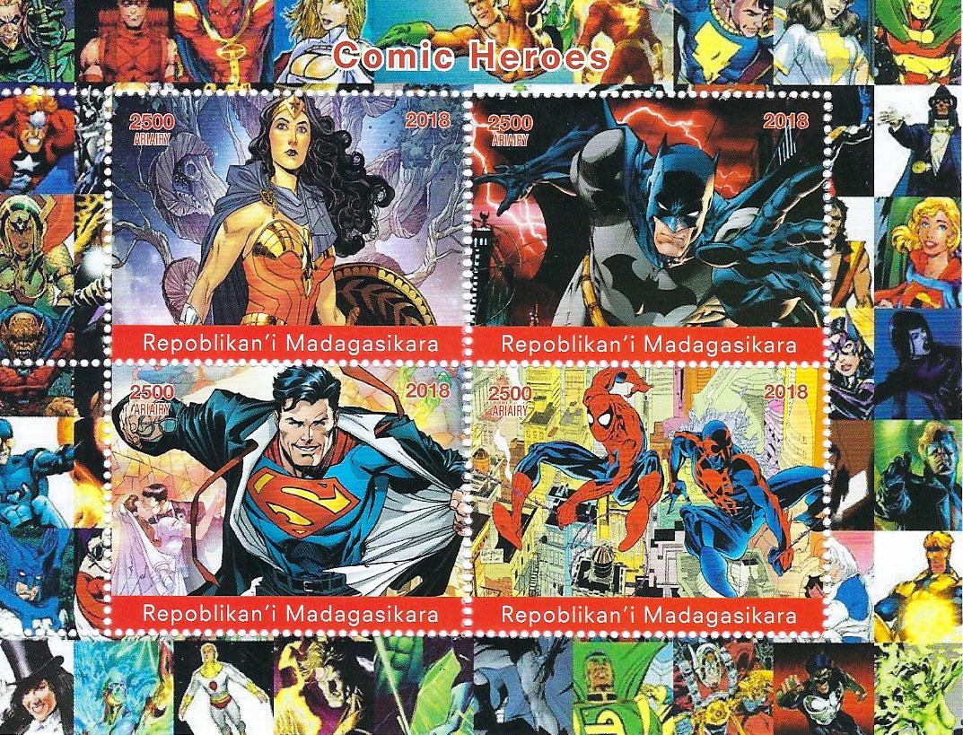 Comic book heroes Madagascar 2018 souvenir stamp sheet: Comic book heroes Madagascar 2018 souvenir sheet of 4 stamps. Featuring Wonder Woman, Batman, Superman and Spider-Man