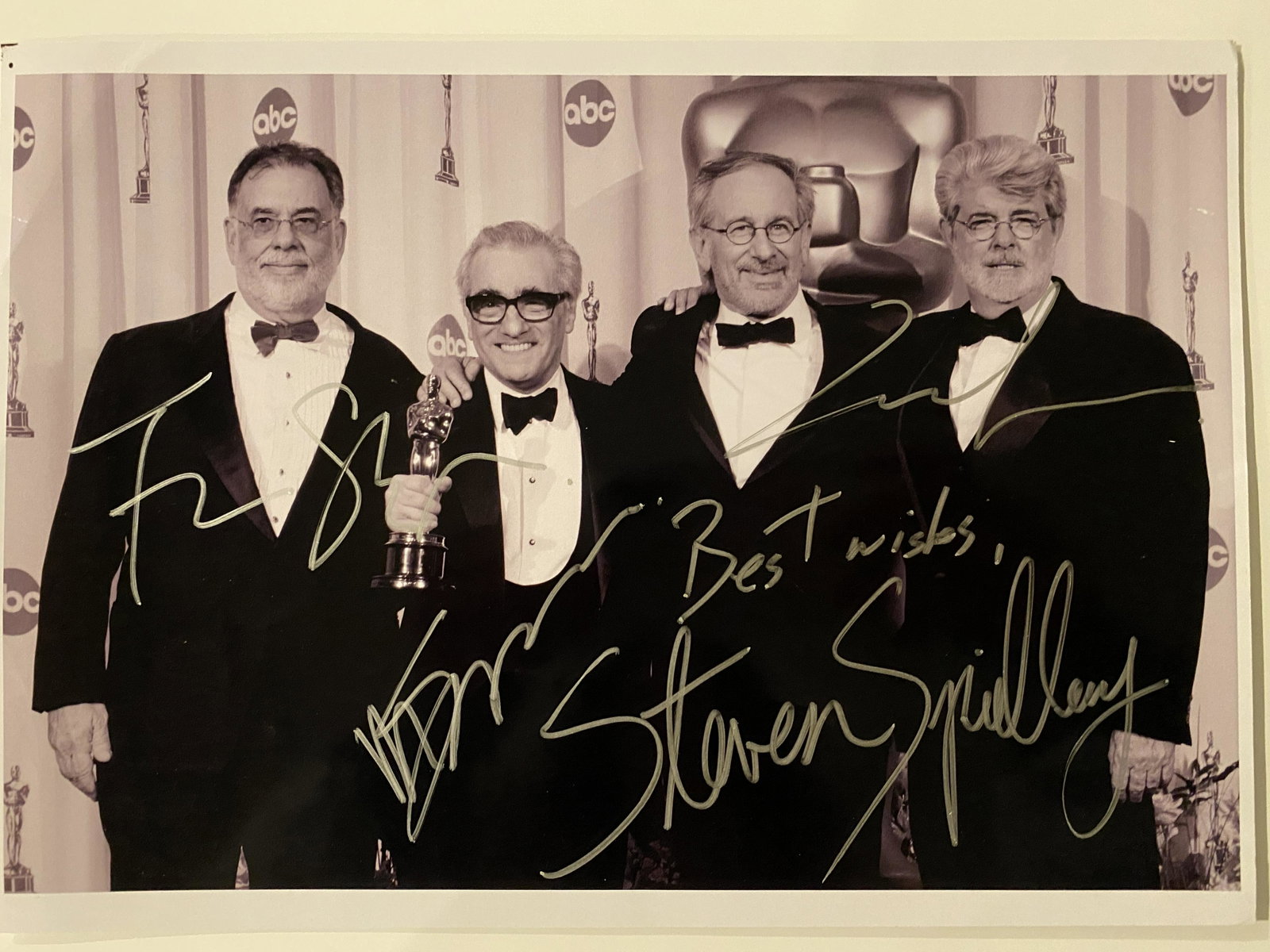 Francis Ford Coppola, Martin Scorsese, Steven Spielberg: The Directors at the Academy Awards signed photo autographed by Francis Ford Coppola, Martin Scorsese, Steven Spielberg and George Lucas. 8x10 inches